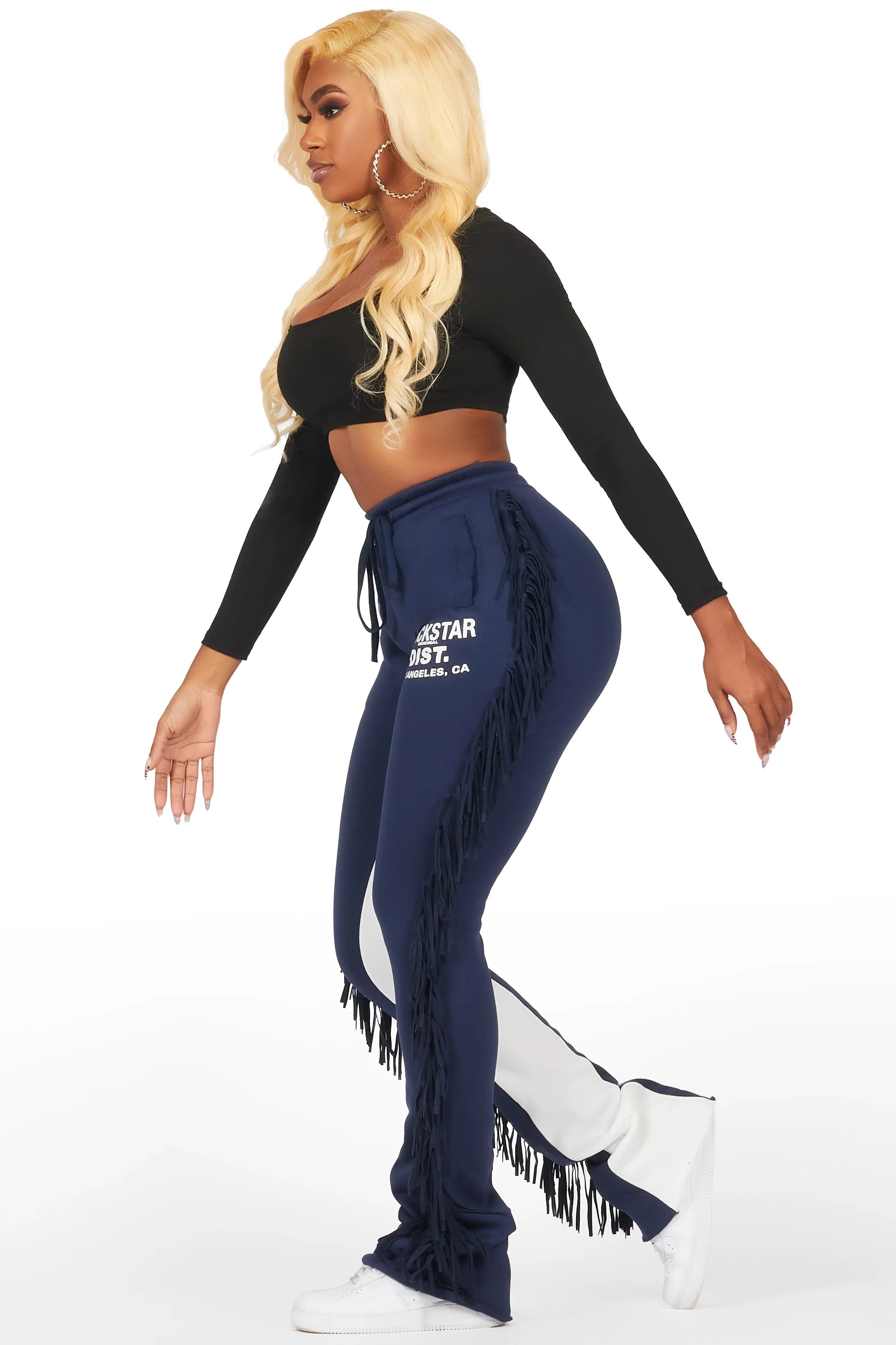 Kendra Navy Fringe Stacked Flare Track Pant