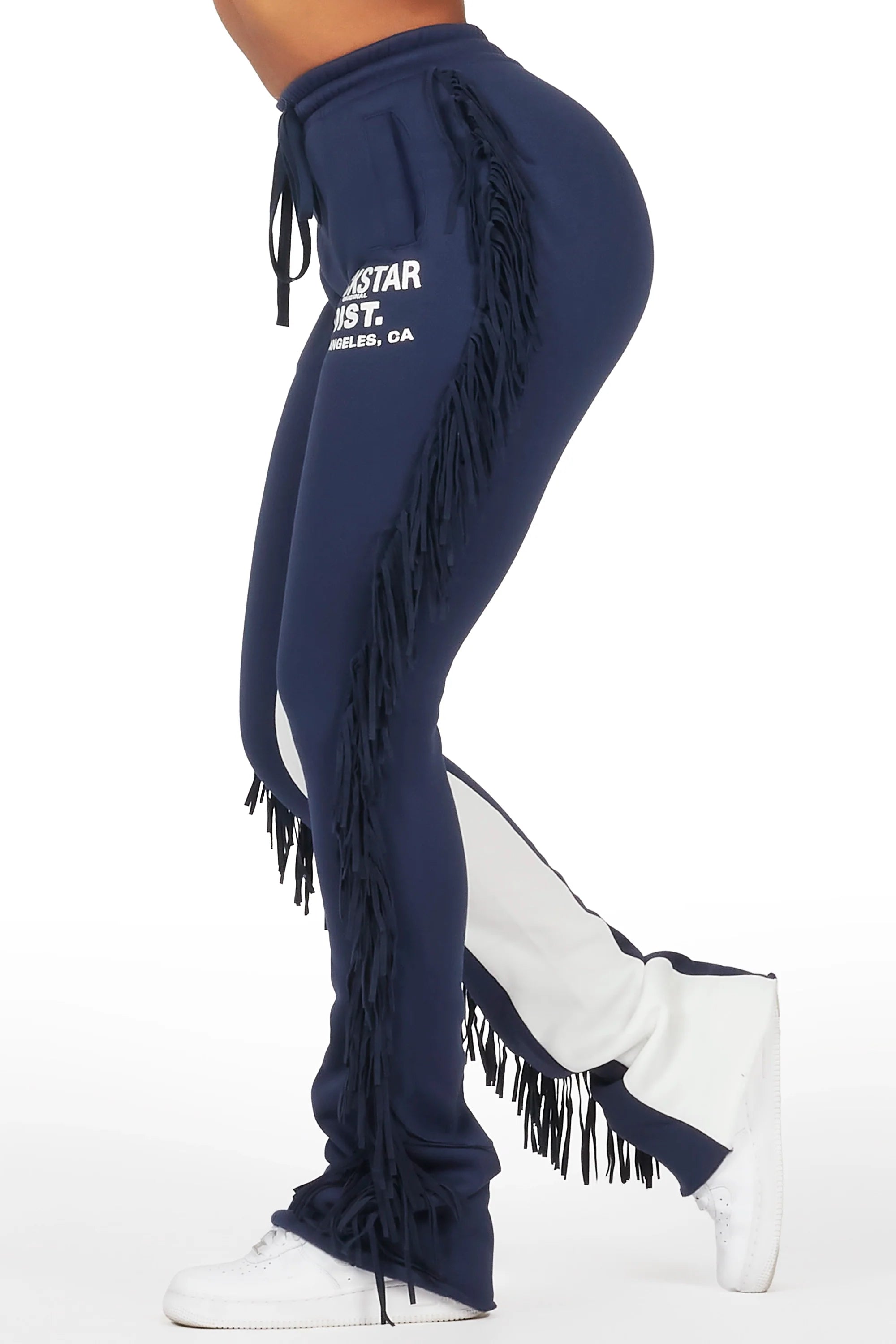 Kendra Navy Fringe Stacked Flare Track Pant
