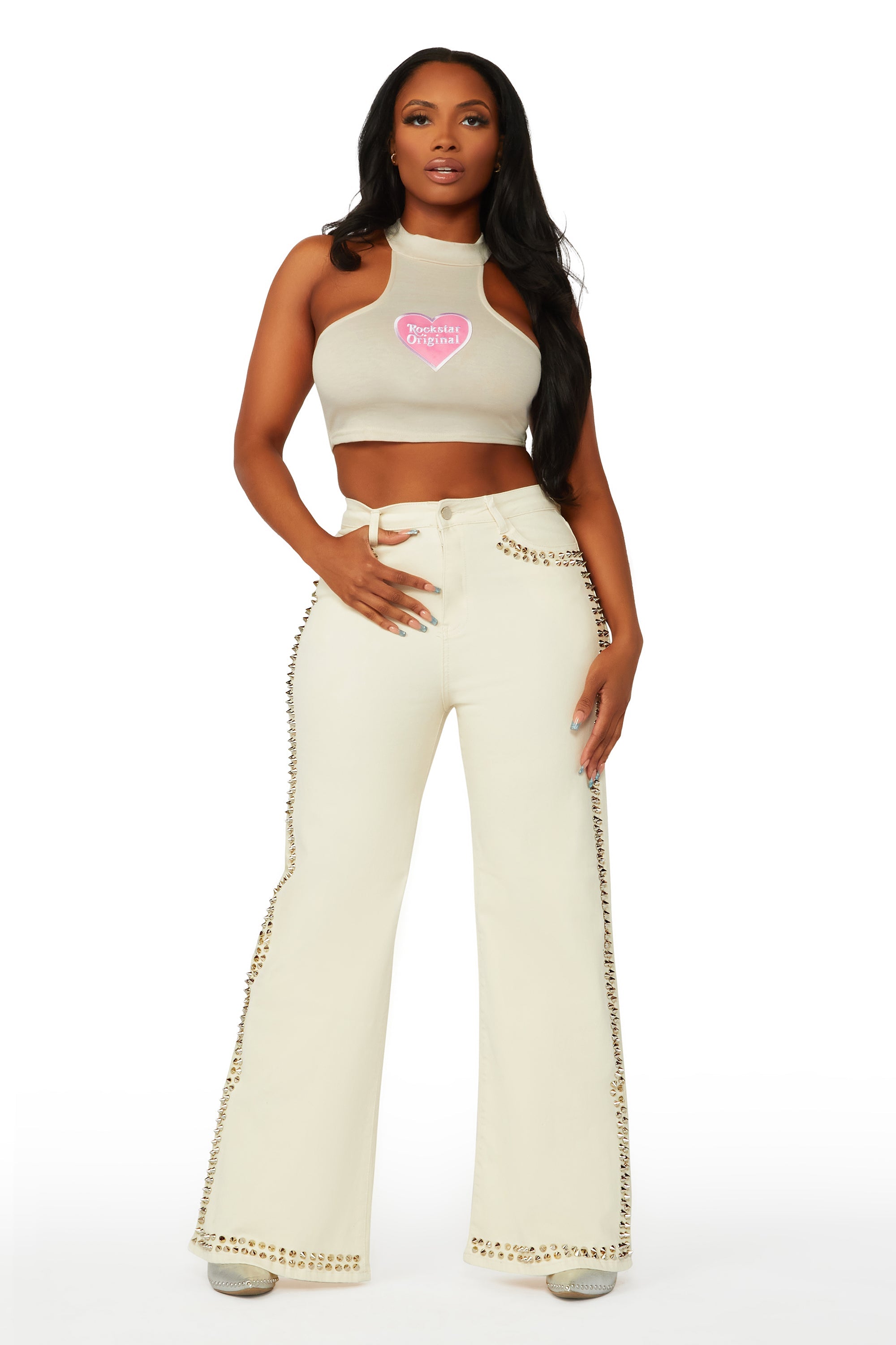 Leila Beige Studded Wide Leg Jean