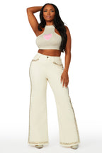 Leila Beige Studded Wide Leg Jean