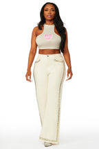 Leila Beige Studded Wide Leg Jean