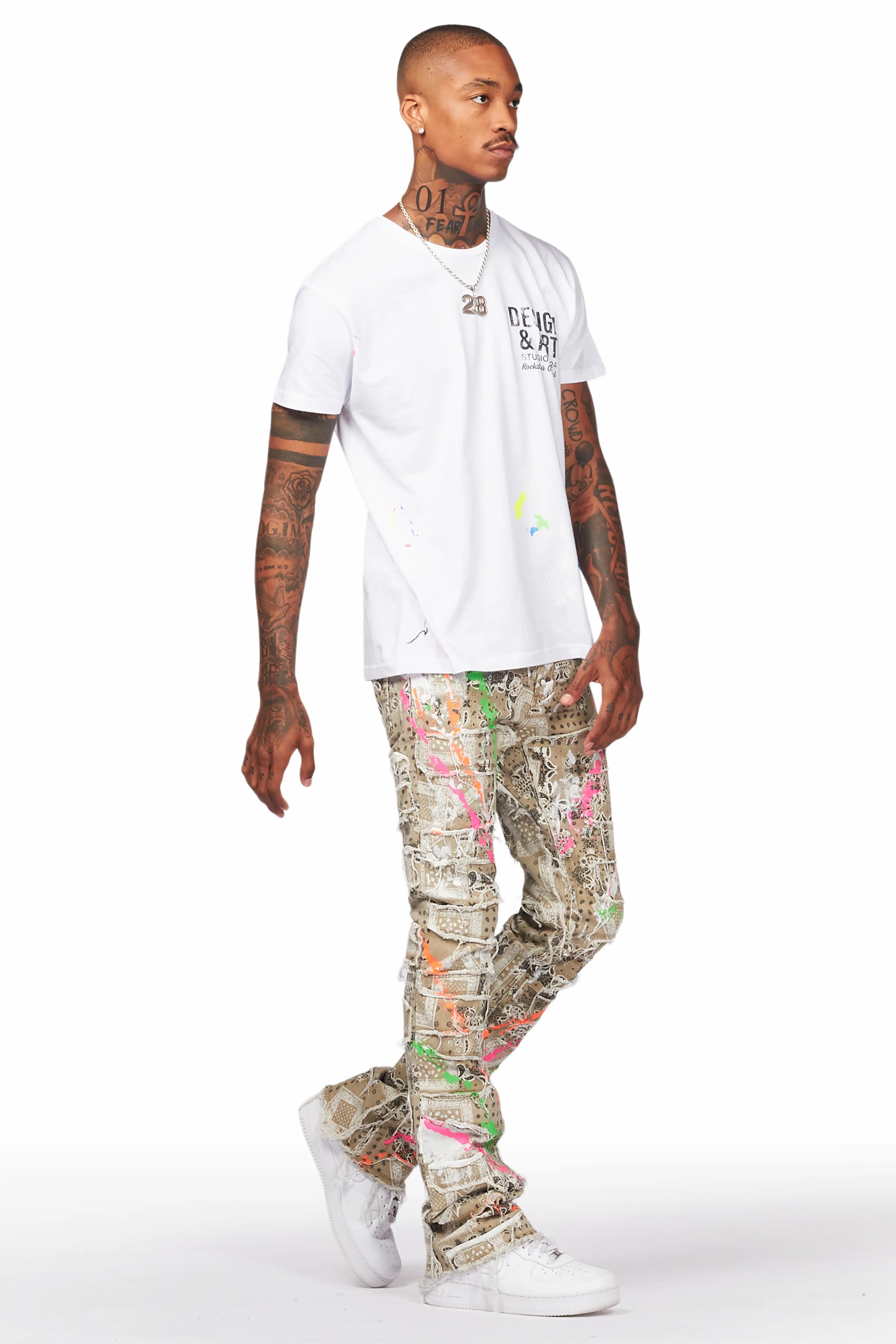 Fahim Beige Painter Stacked Flare Jean