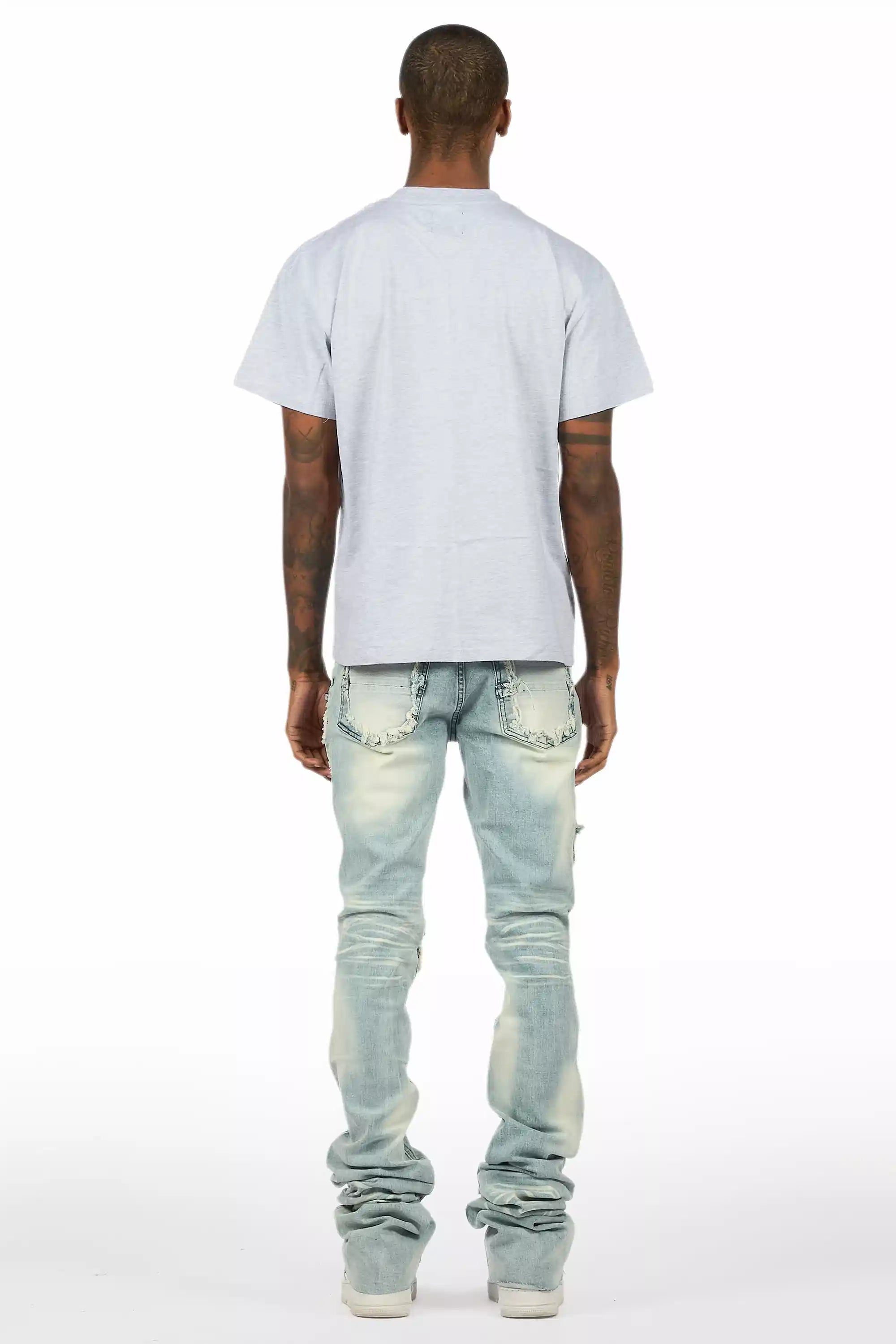 Yooz Heather Grey/Blue Oversized T-Shirt/Super Stacked Flare Jean Bundle