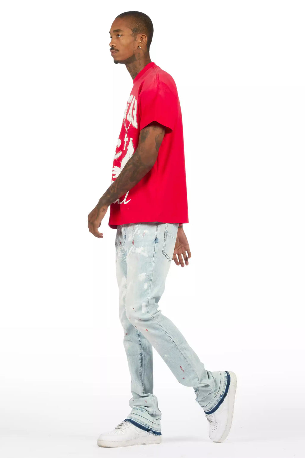 Deiter Red Oversized T-Shirt/Stacked Flare Jean Set