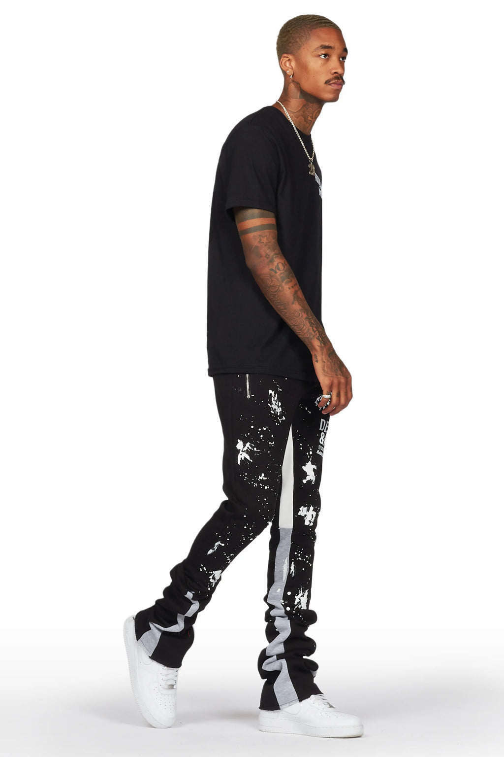 Damone Black Super Stacked Flare Track Pant
