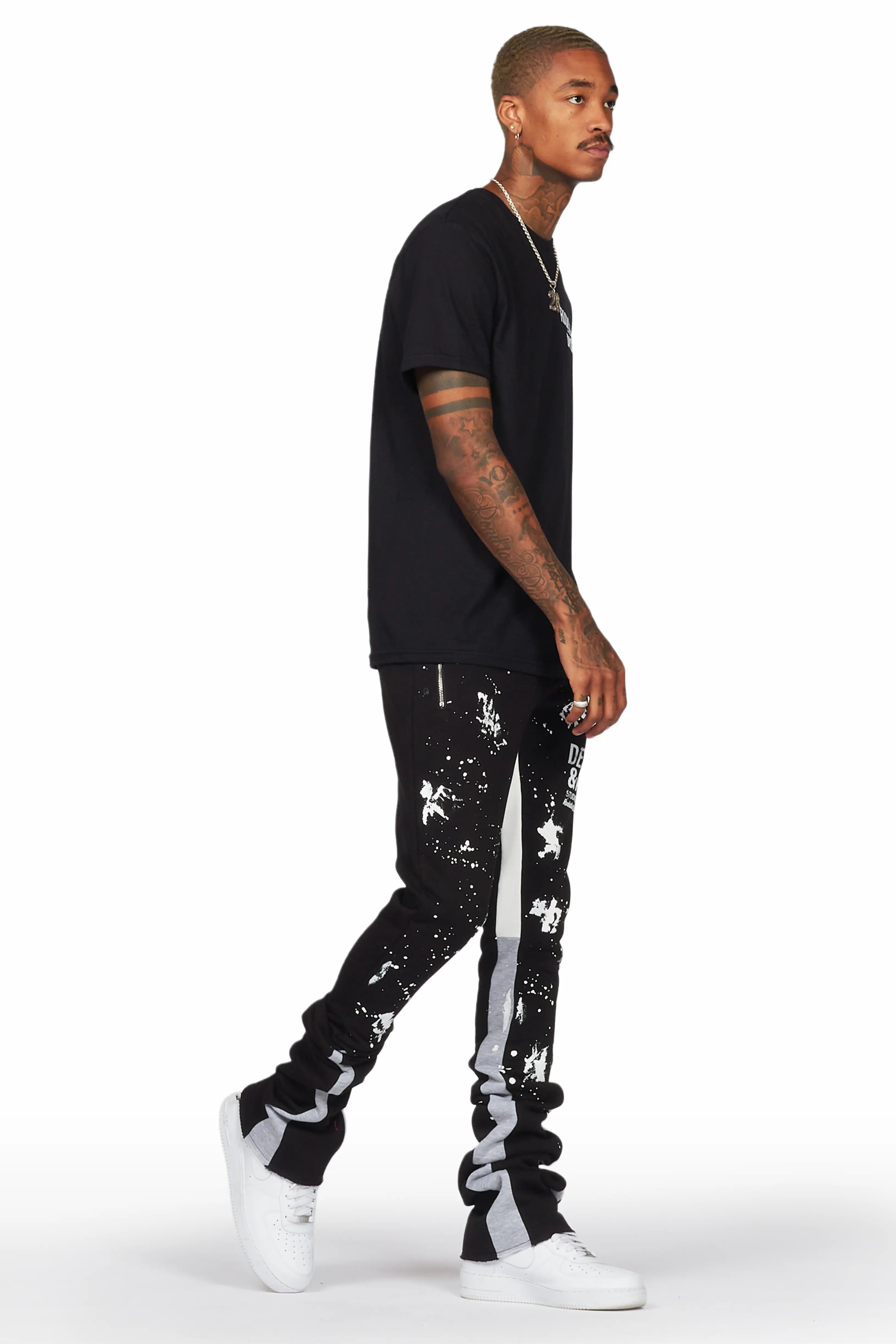 Damone Black Super Stacked Flare Track Pant