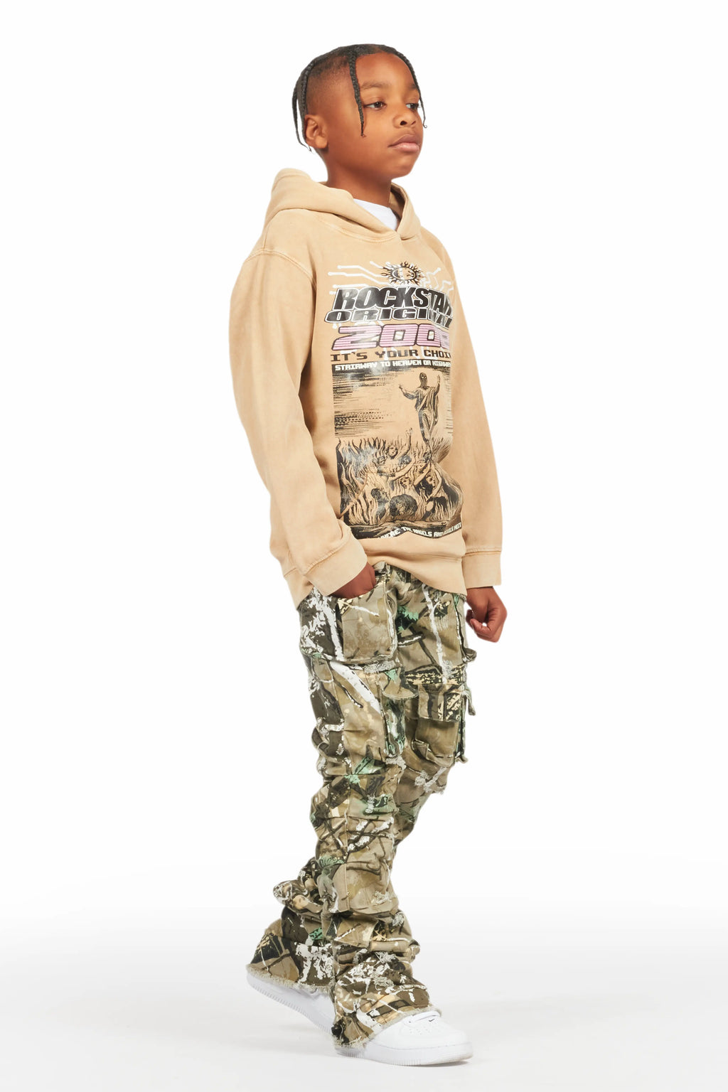 Boys Luxton Vintage Beige/Tree Camo Hoodie/Stacked Flare Jean Set