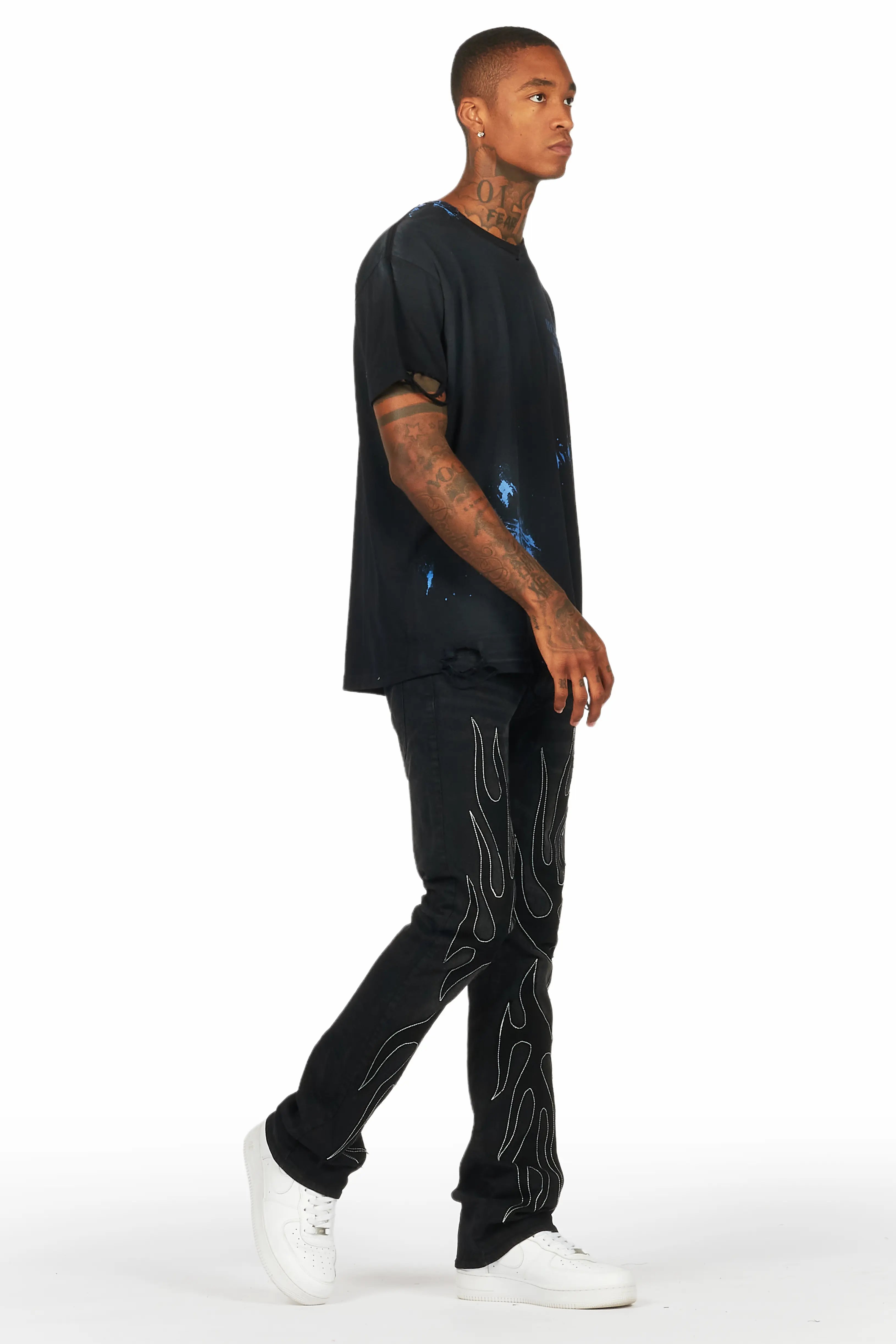 Ebbos Black Flame Patched Skinny Flare Jean