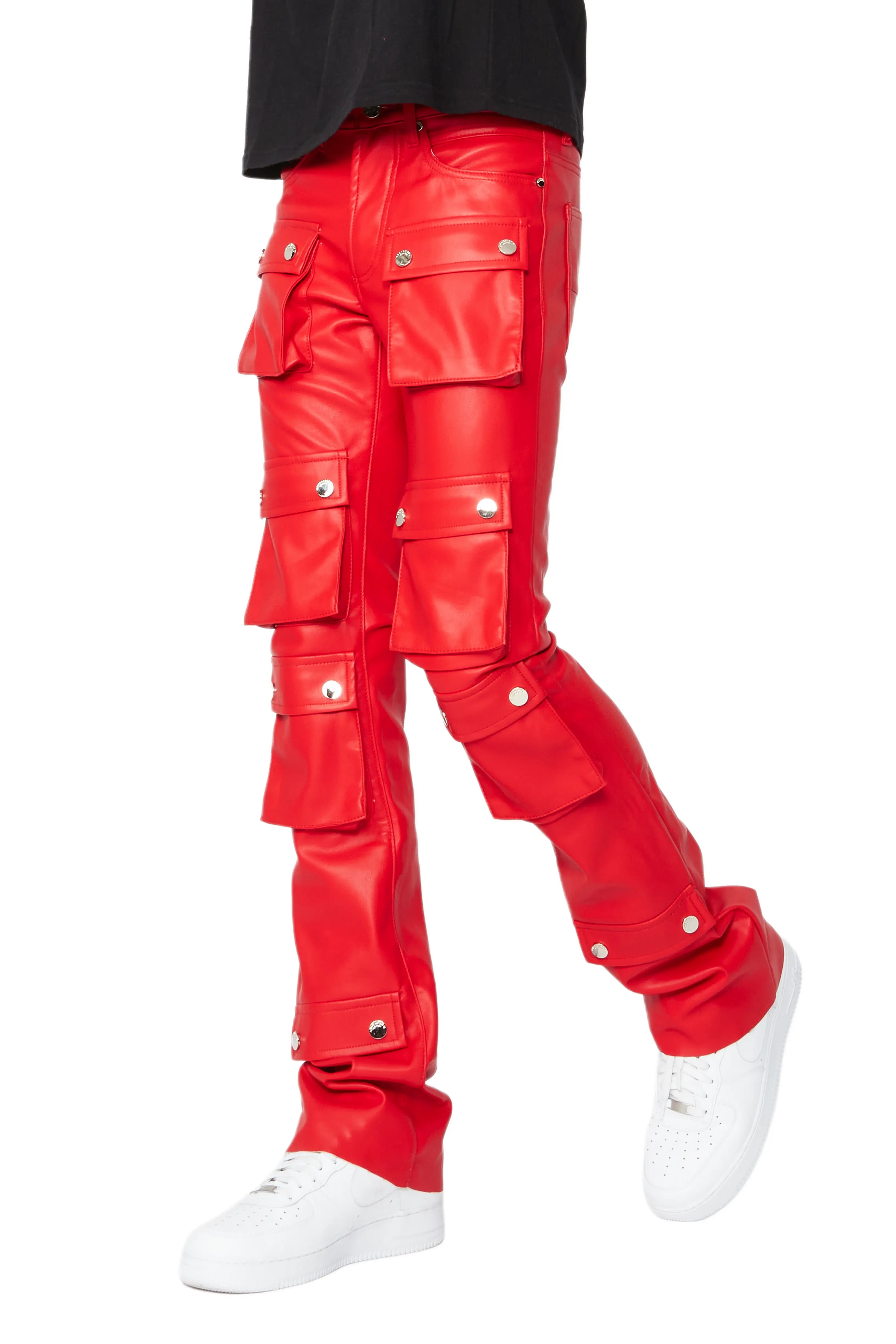 Remi Red Faux Leather Stacked Flare Jean