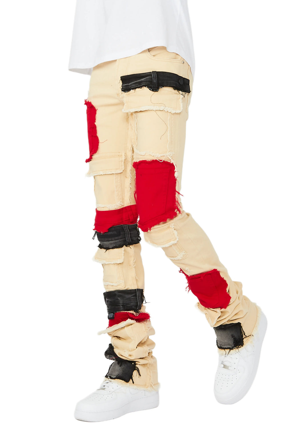 Kaizen Beige/Red Patchwork Super Stacked Flare Jean