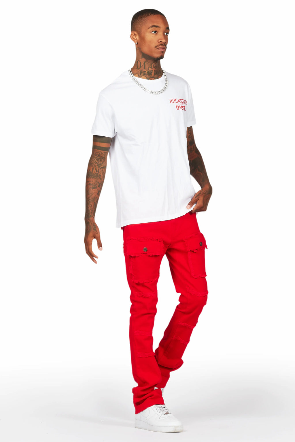 Lake White/Red T-Shirt/Stacked Flare Cargo Jean Bundle