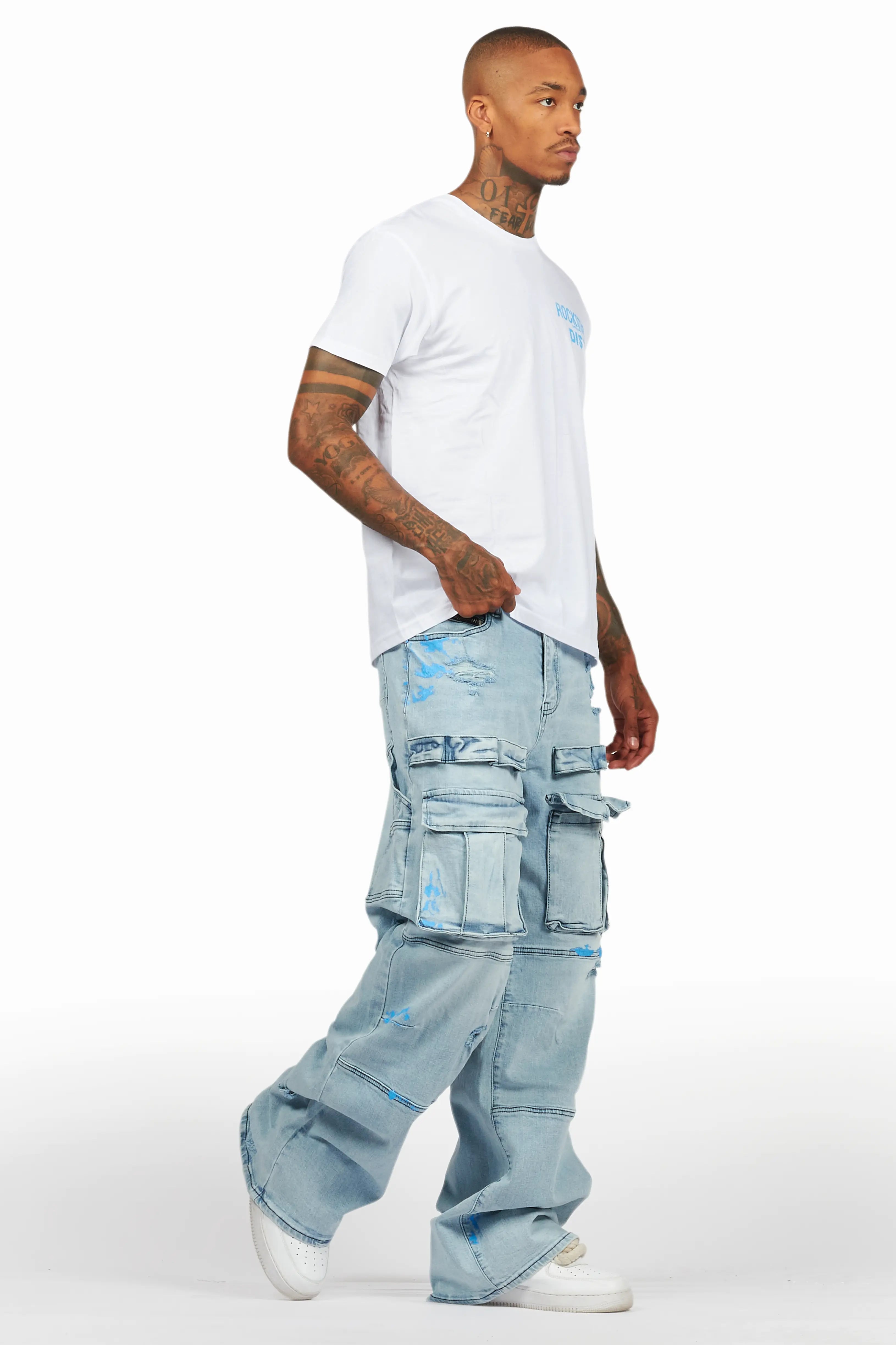 Lake White/Blue T-Shirt/Baggy Fit Cargo Jean Set