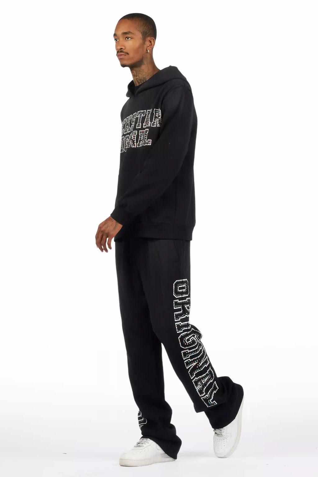 Ustin Black Rhinestone Hoodie Relaxed Track Set