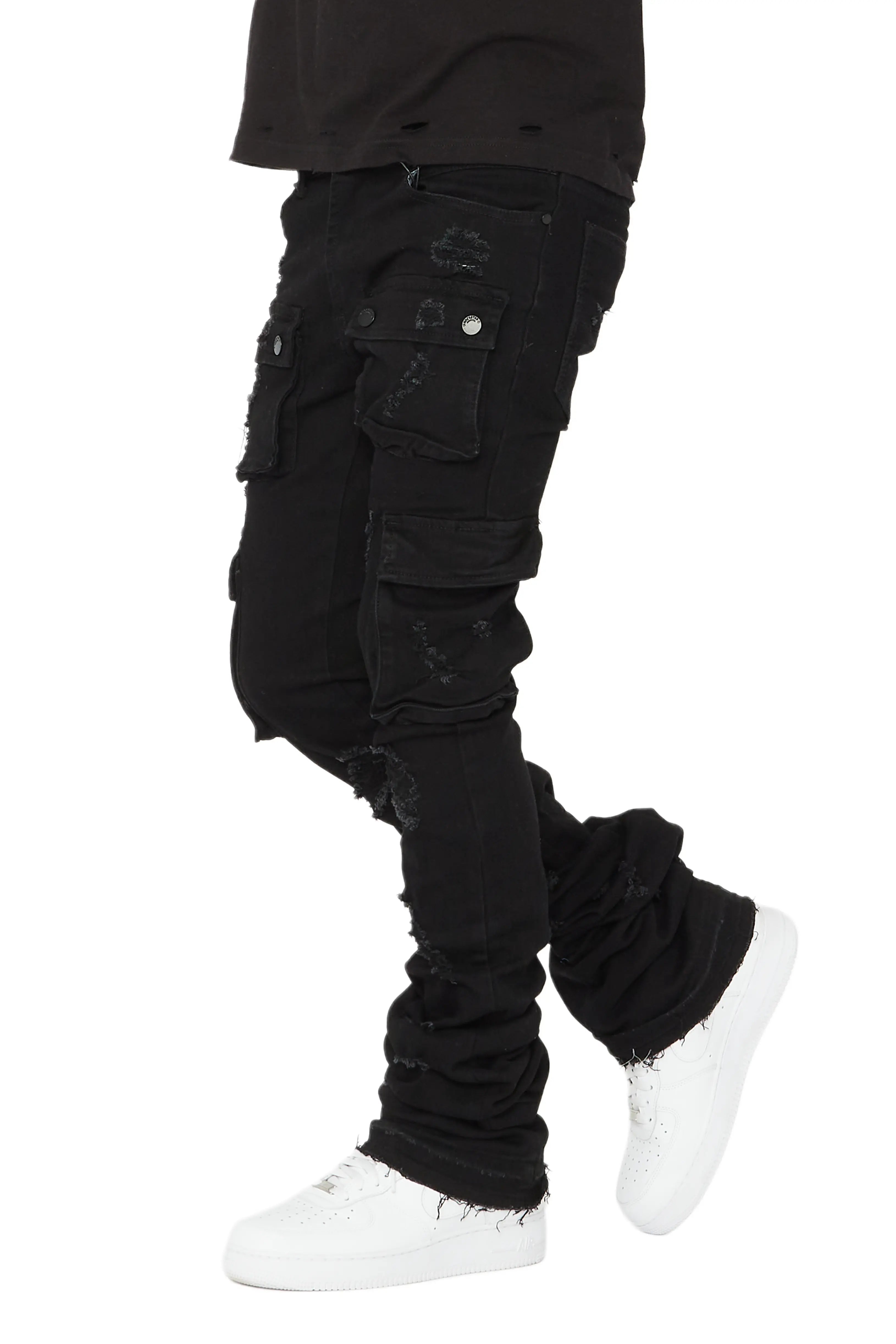 Zaire Black Cargo Super Stacked Flare Jean