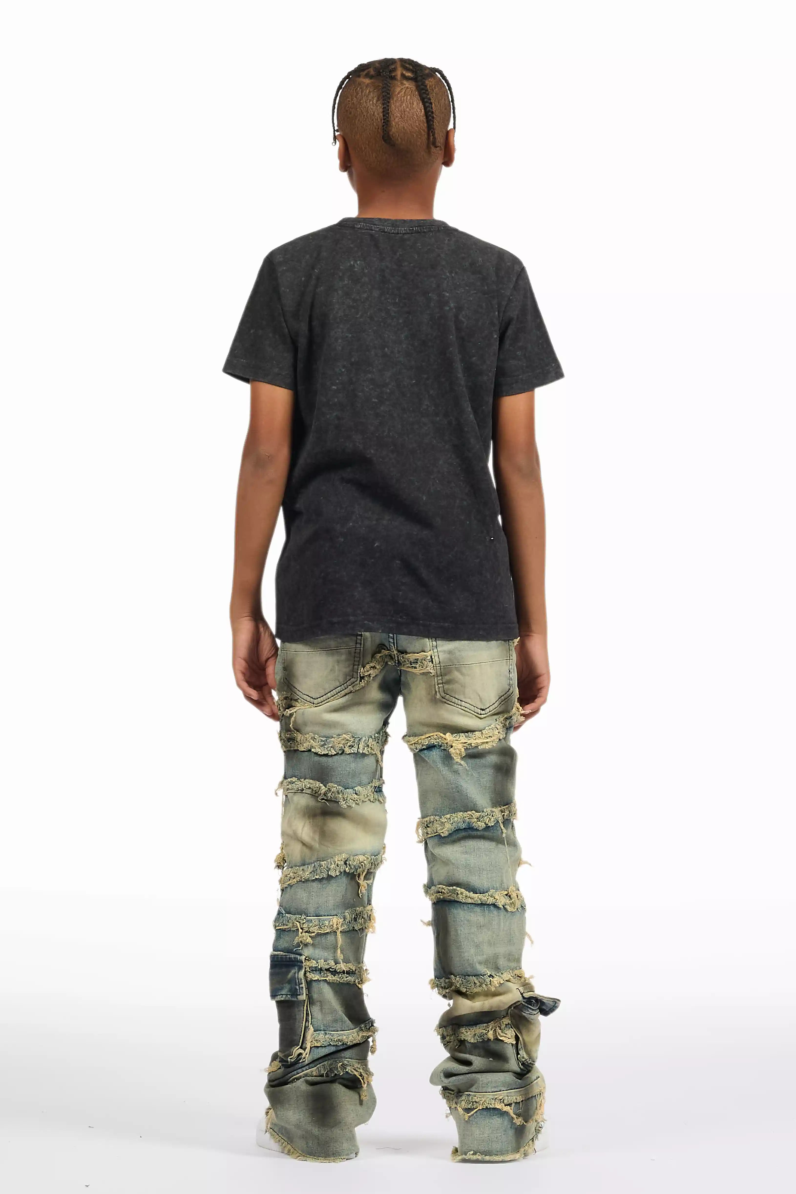 Boys Yves Blue Ripped Stacked Flare Cargo Jeans