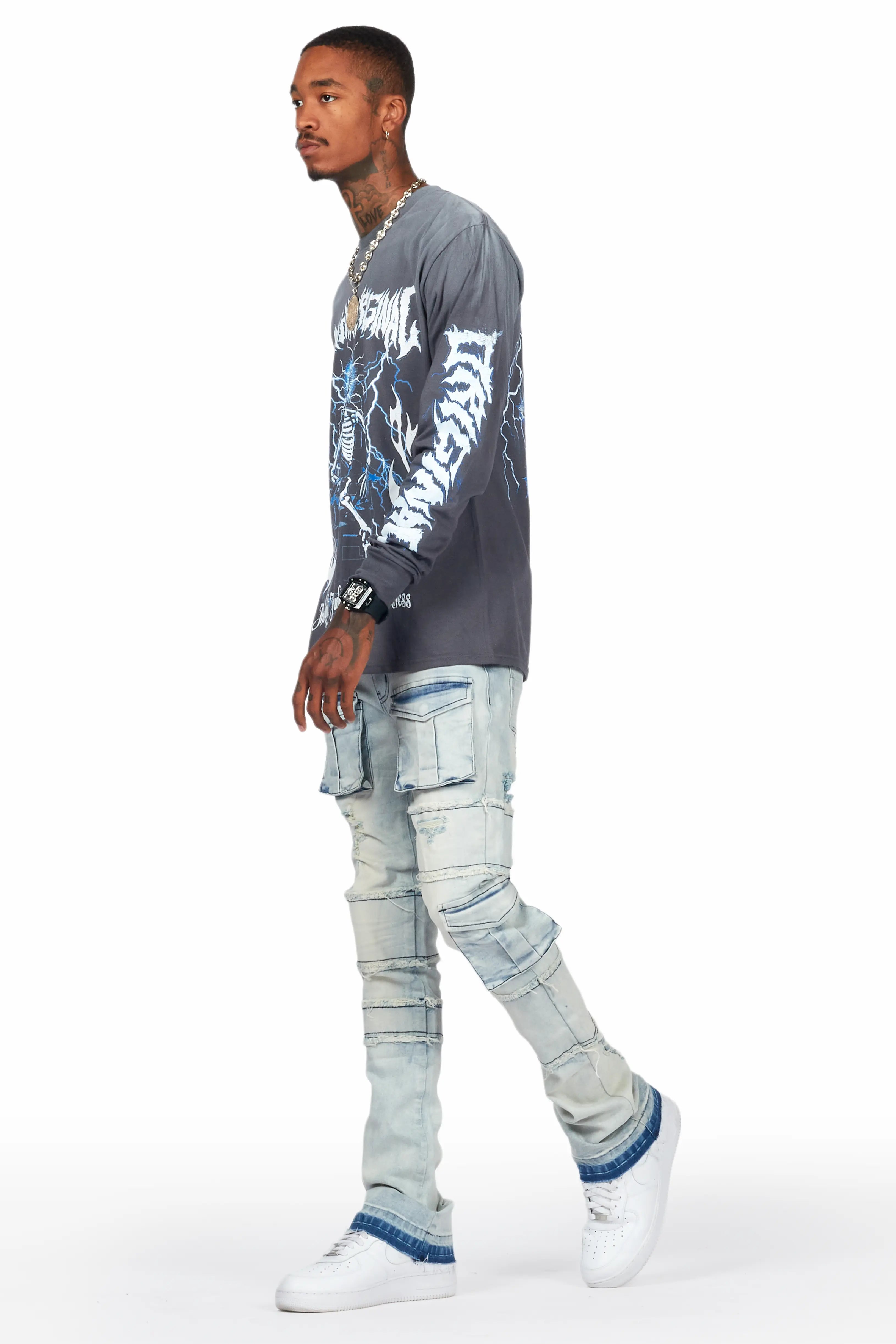 Folant Light Blue Stacked Cargo Flare Jean