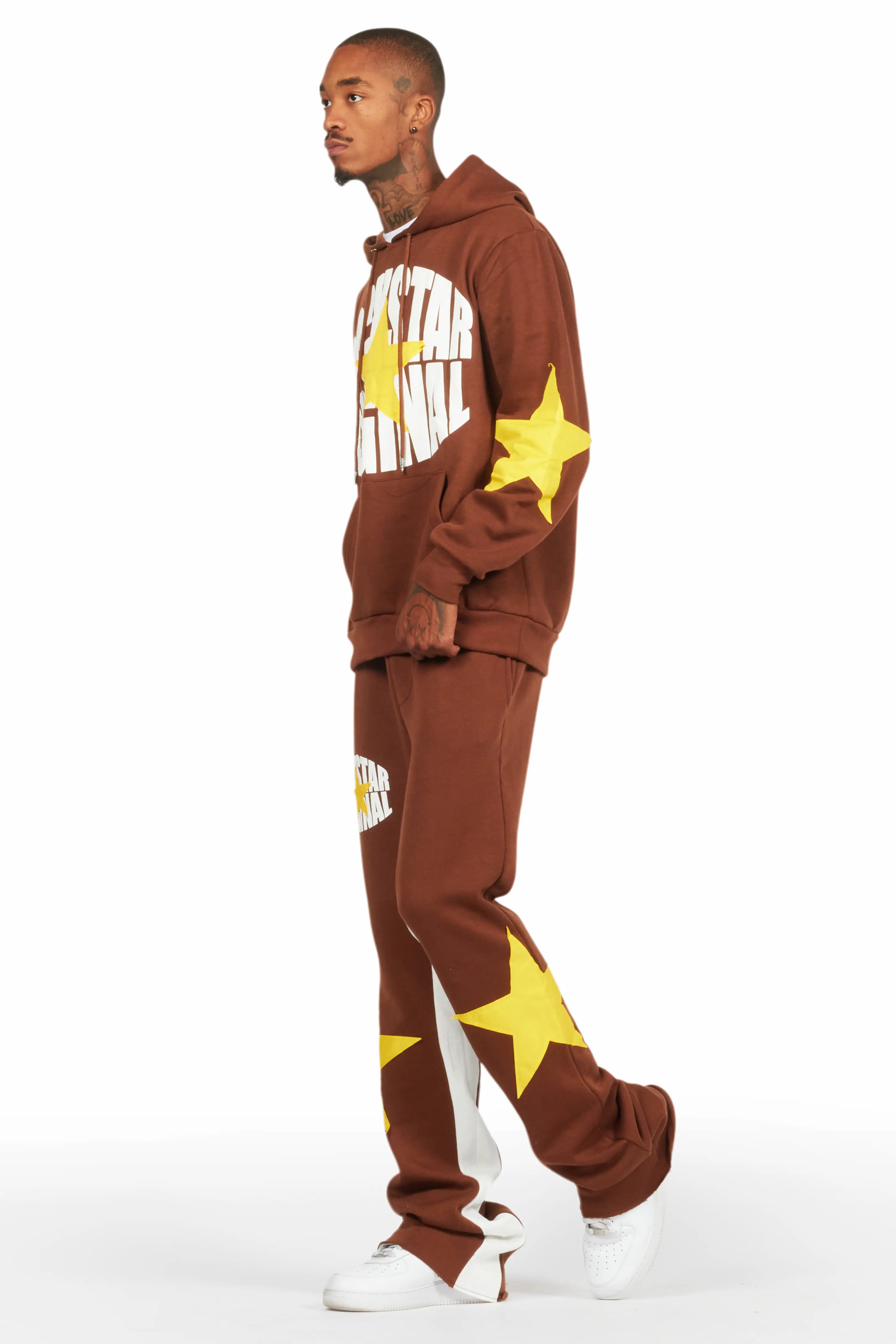 States Brown Baggy Stacked Hoodie Track Set