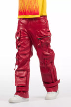 Boys Lenz Red PU Cargo Leather Baggy Fit Jean
