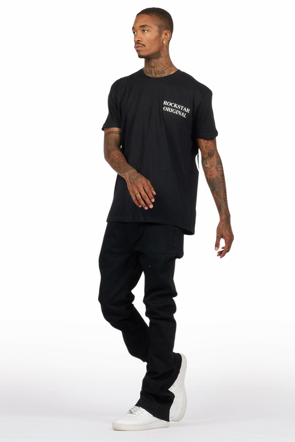 Drako Black/White Oversized Graphic T-Shirt/Dag Stacked Flare Jean Set