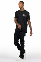 Drako Black/White Oversized Graphic T-Shirt/Dag Stacked Flare Jean Set