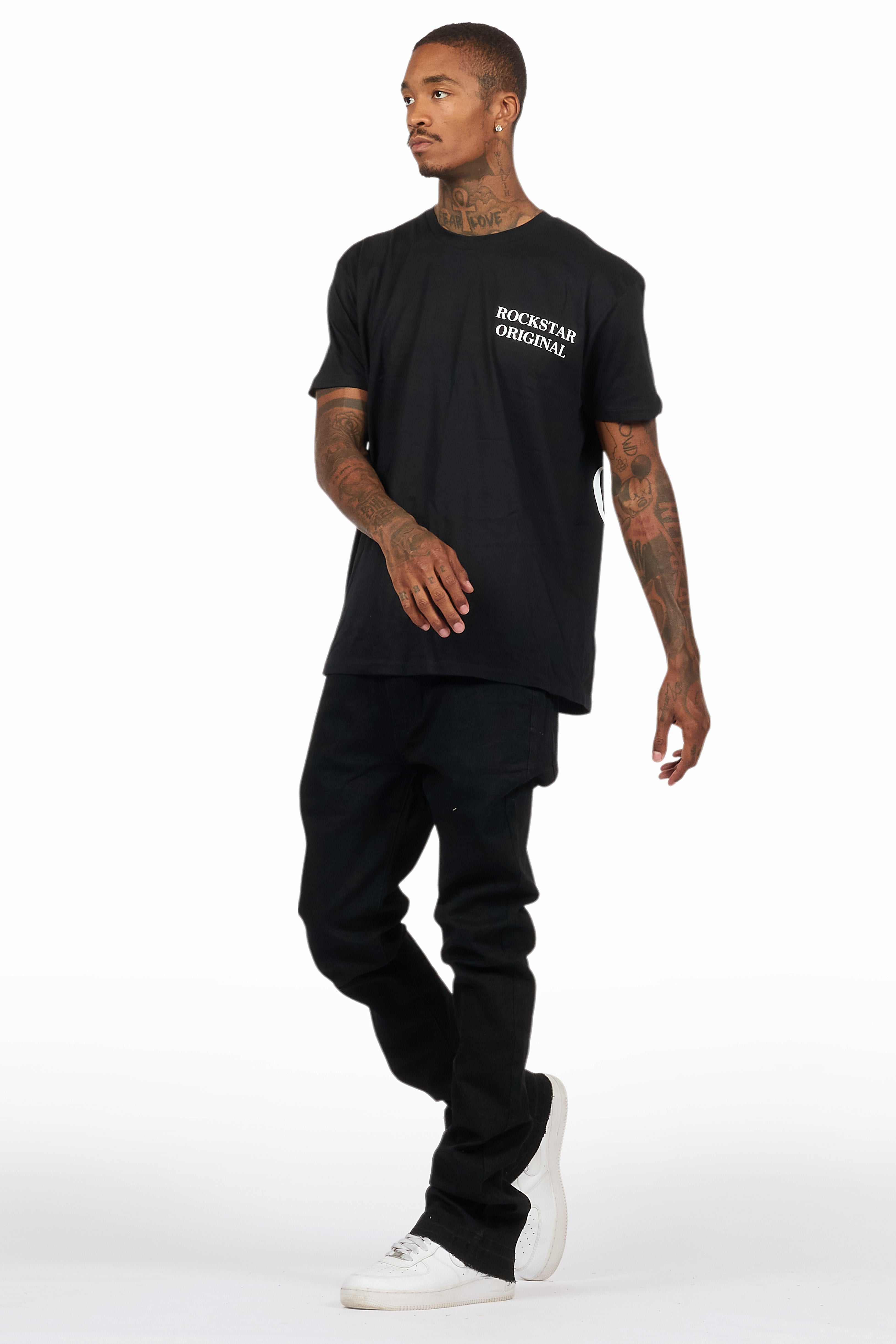 Drako Black/White Oversized Graphic T-Shirt/Dag Stacked Flare Jean Set