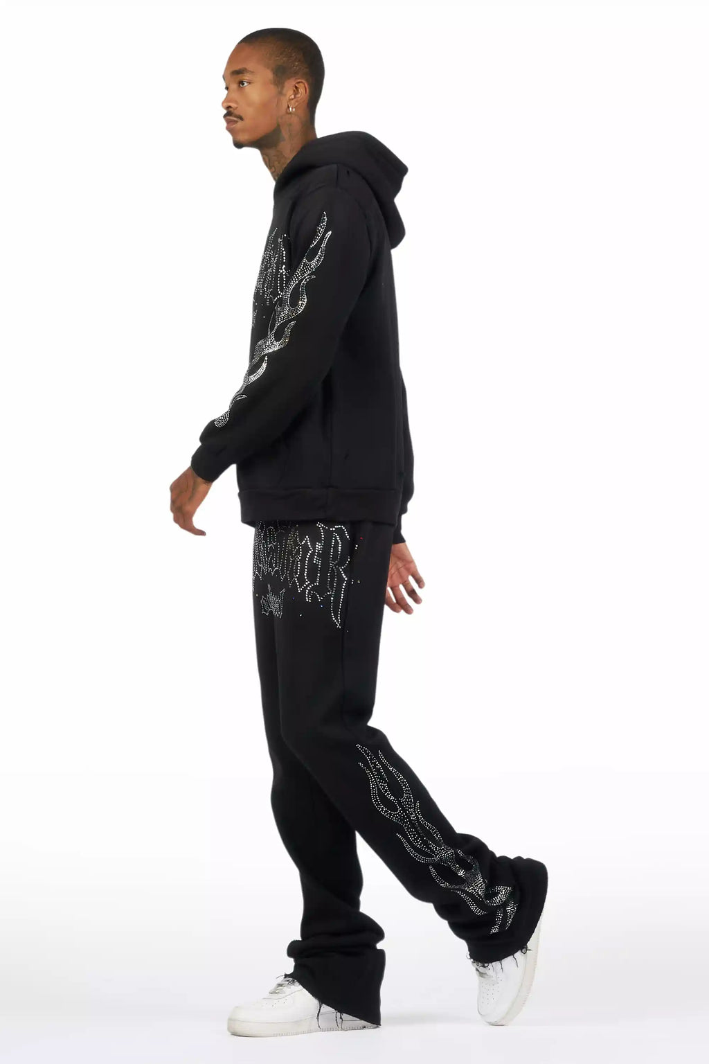 Mares Black Rhinestone Hoodie Relaxed Track Set