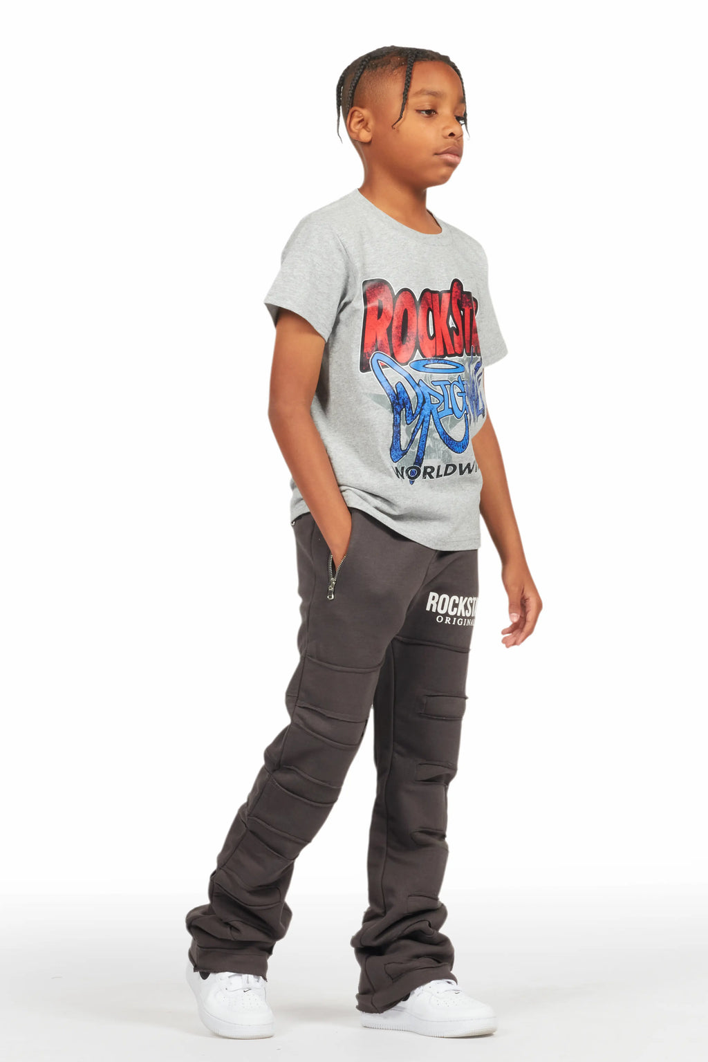 Boys Emilio Vintage Grey Stacked Flare Track Pant