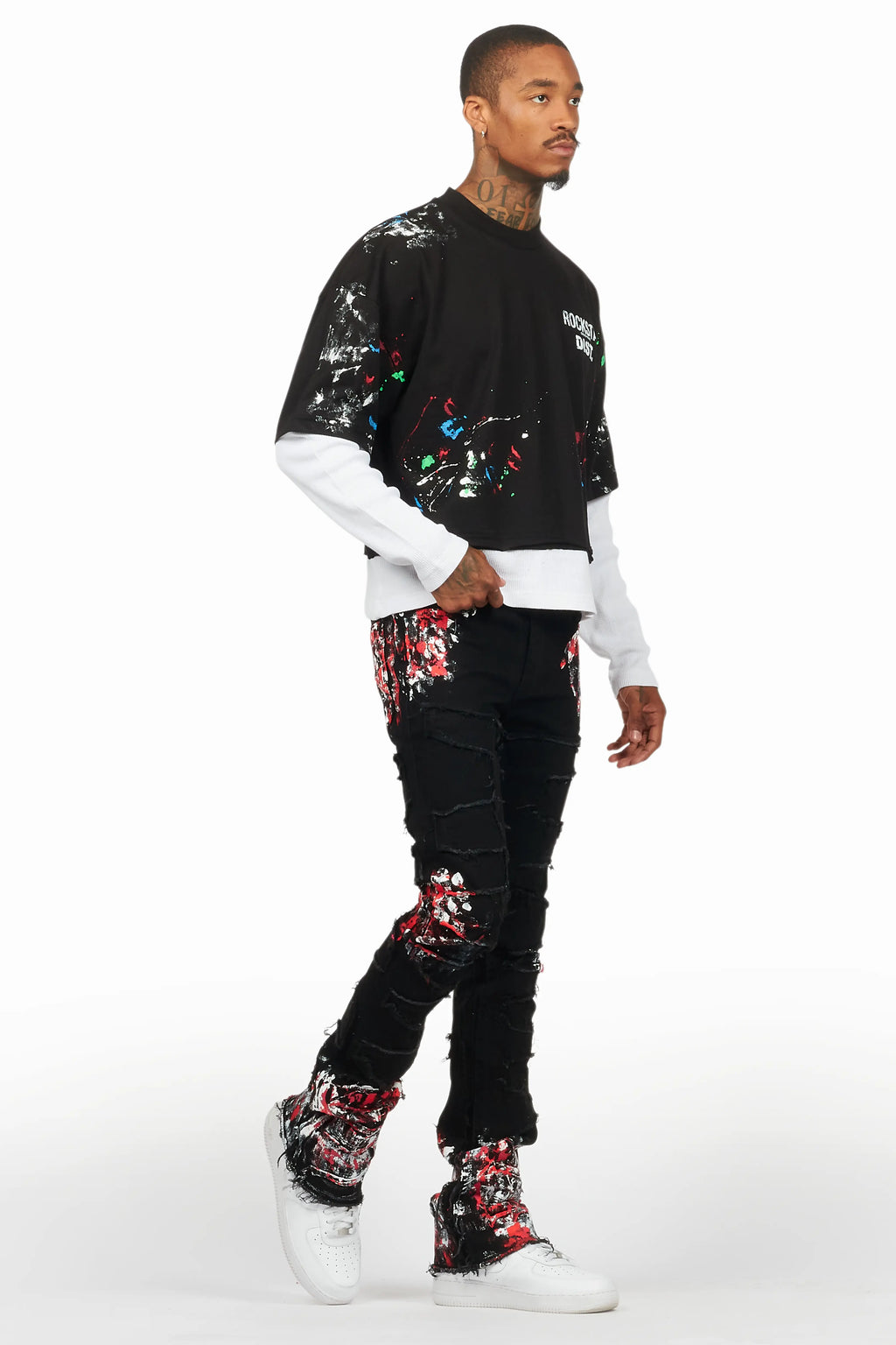 Kodak Black/Red Painter Stacked Flare Fringe Jean