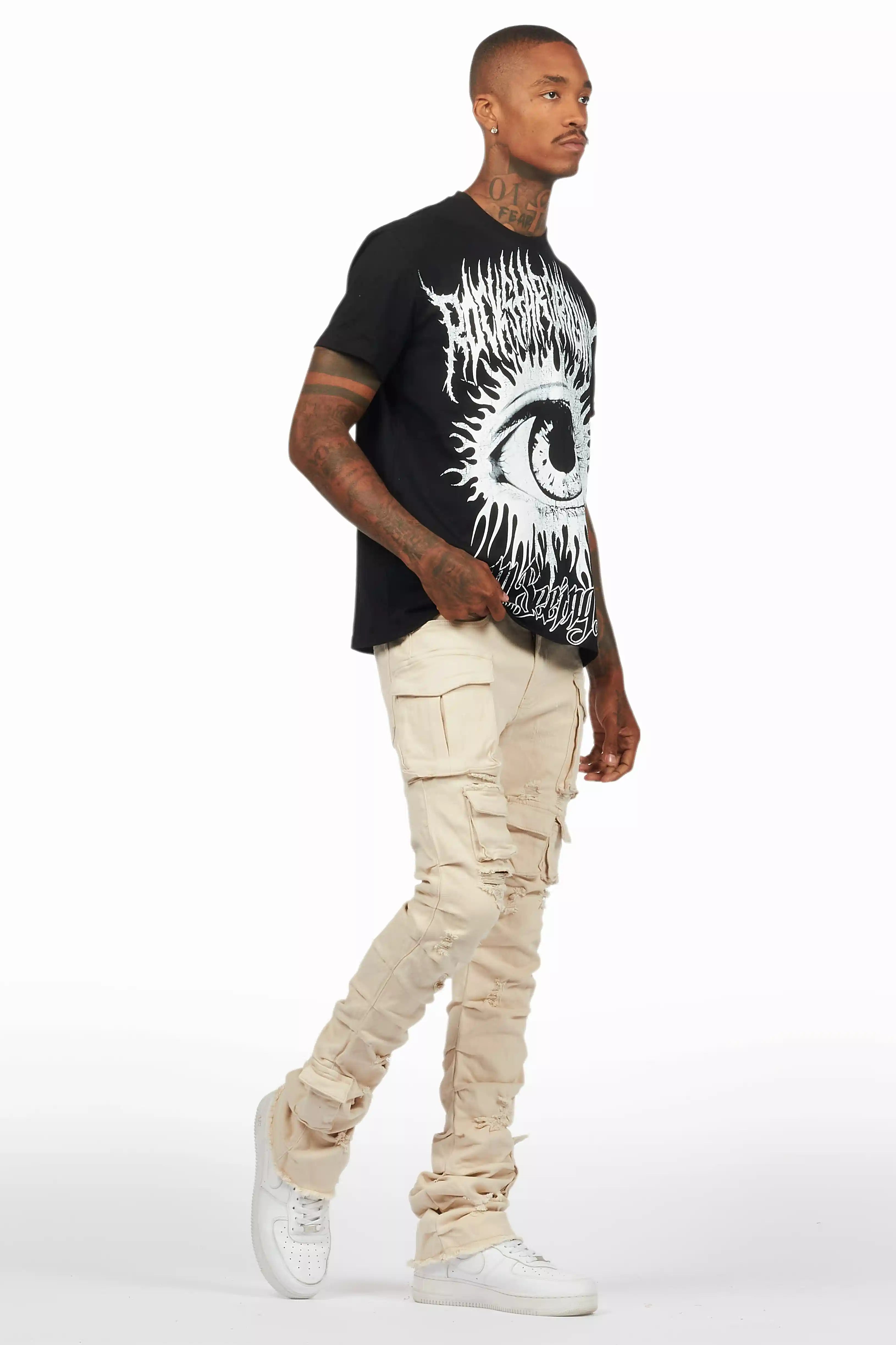 Gentry Light Beige Stacked Flare Jean