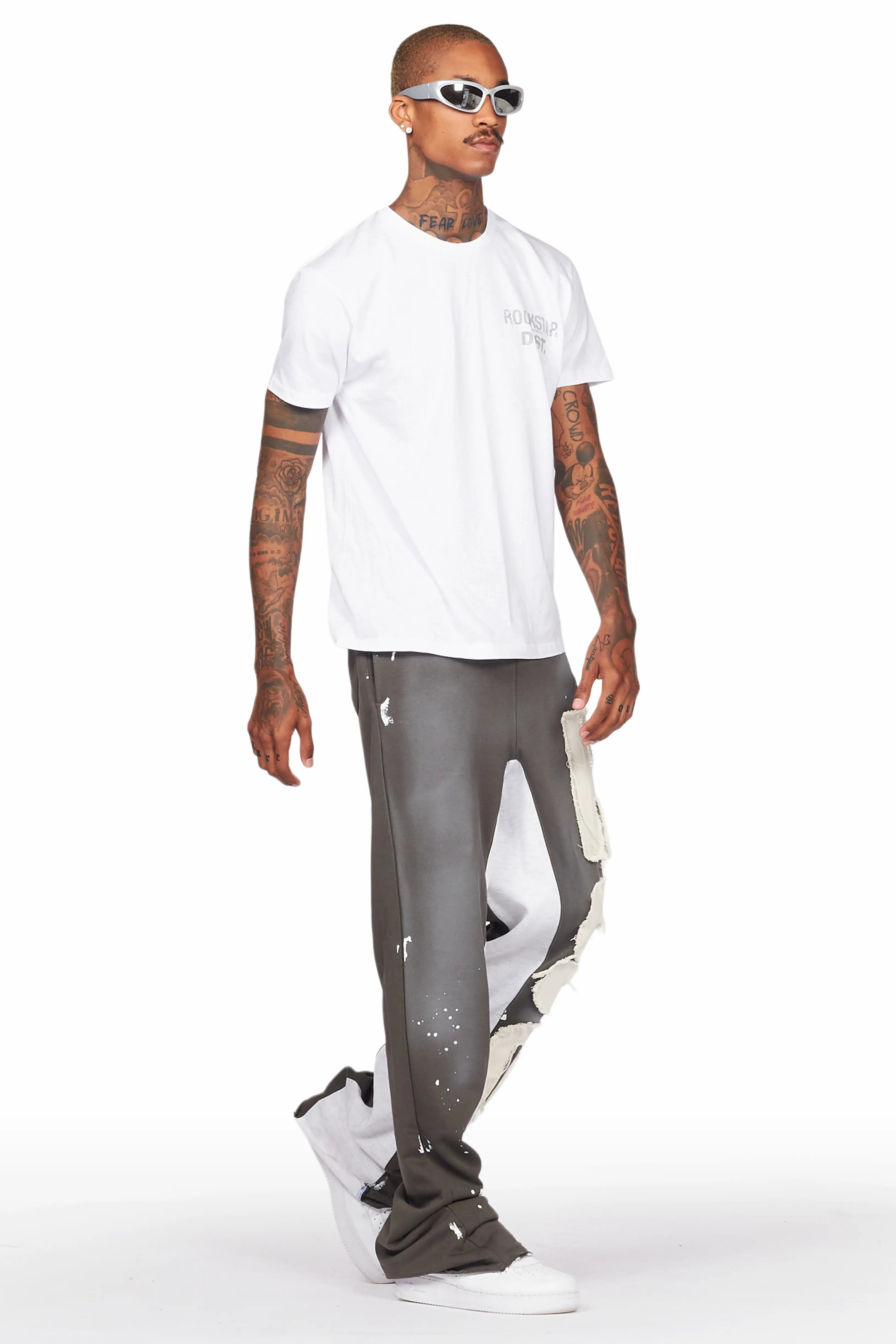 Acotas Olive Patchwork Stacked Baggy Flare Pants