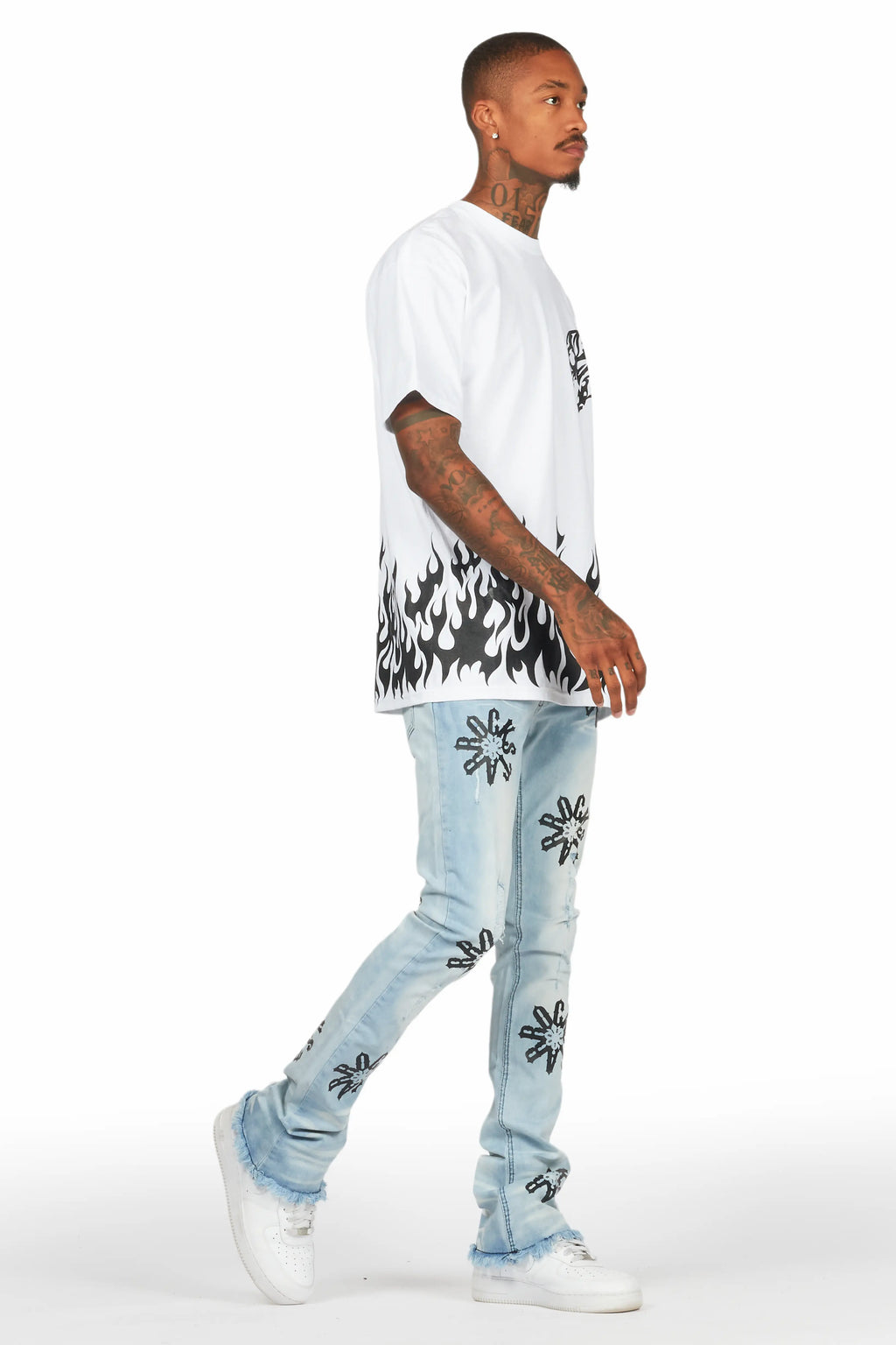 Neige Blue/ Black Graphic Stacked Flare Jean
