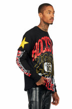 Santie Black Double Layer Long Sleeve Graphic T-Shirt