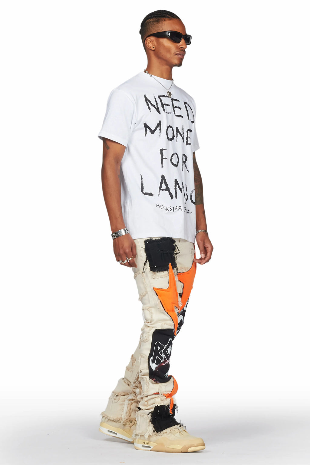 Calais Beige/Orange Patchwork Stacked Flare Jean