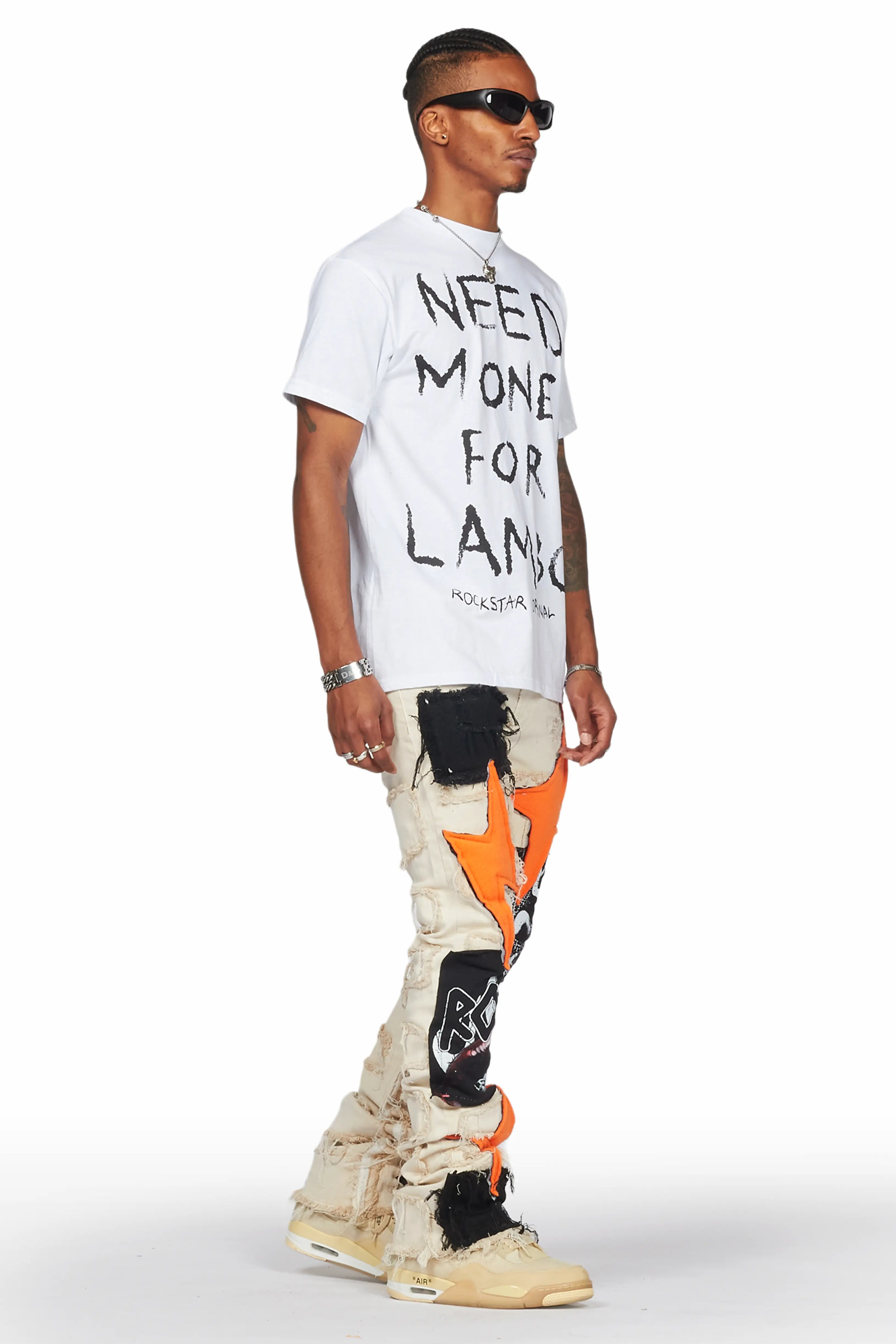 Calais Beige/Orange Patchwork Stacked Flare Jean