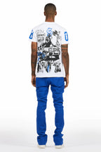 Grill White/Royal Blue Oversized Graphic T-Shirt/Dag Stacked Flare Jean Set