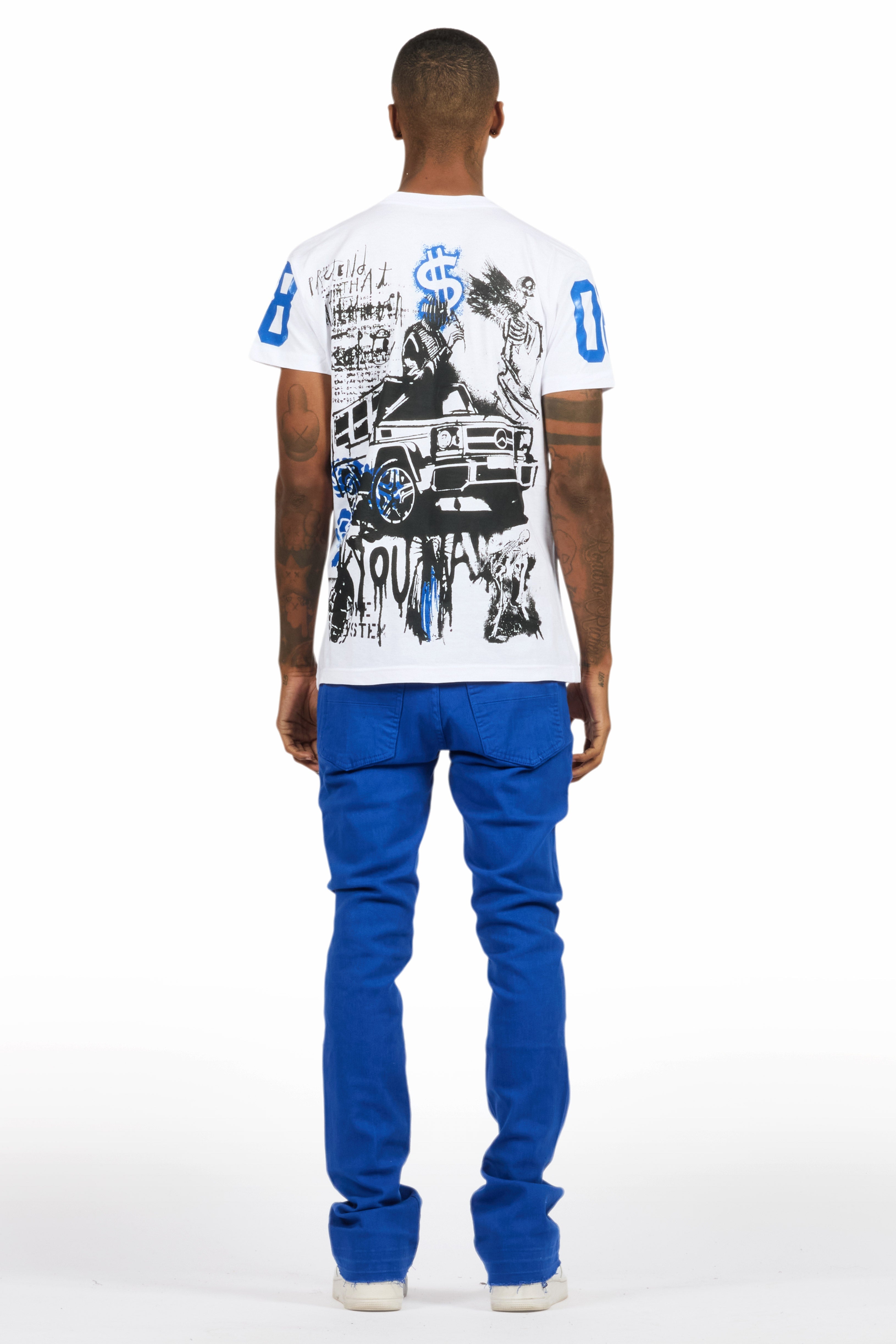 Grill White/Royal Blue Oversized Graphic T-Shirt/Dag Stacked Flare Jean Set