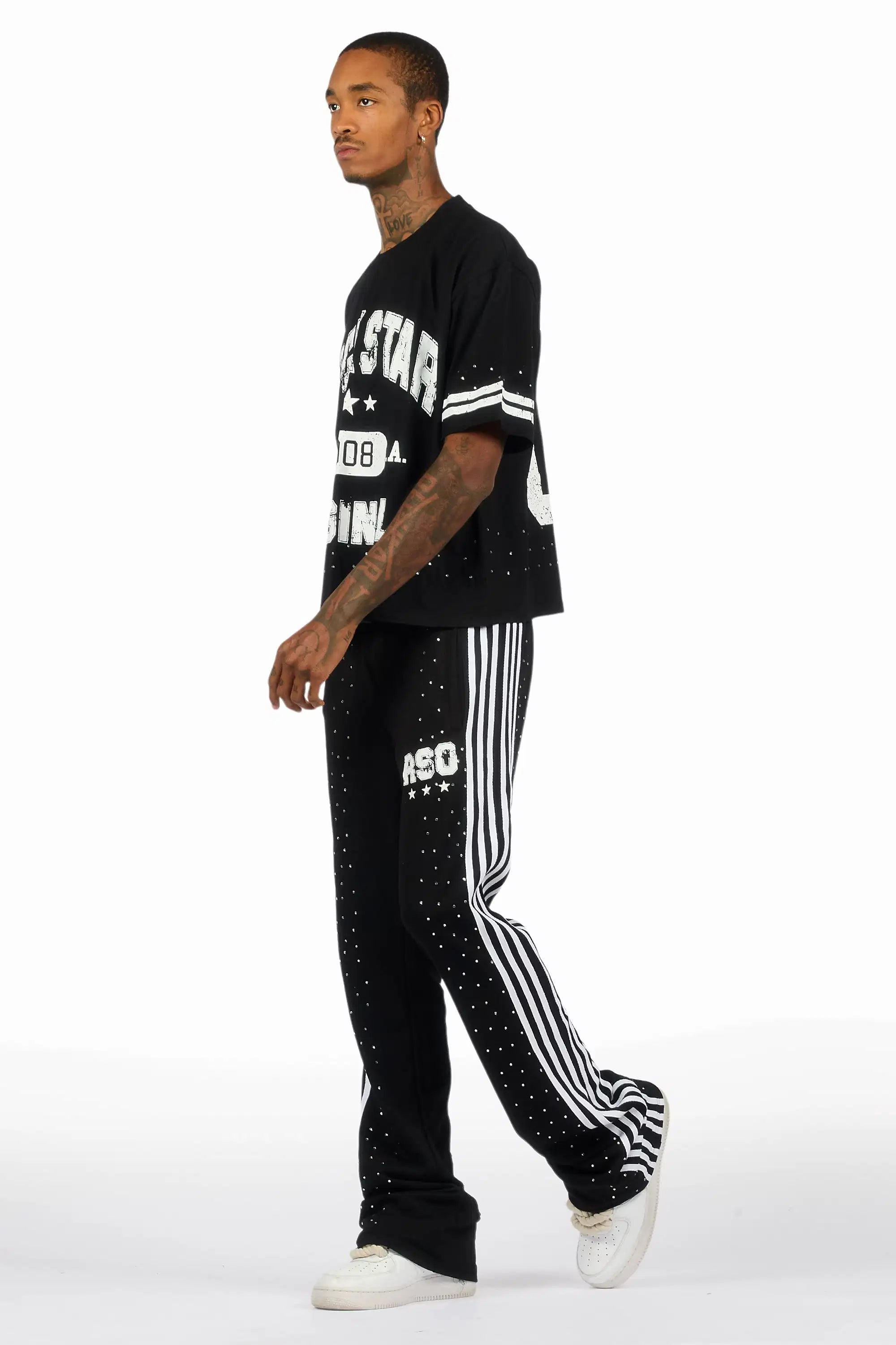 Tylla Black Rhinestone T-Shirt/Baggy Stacked Track Set