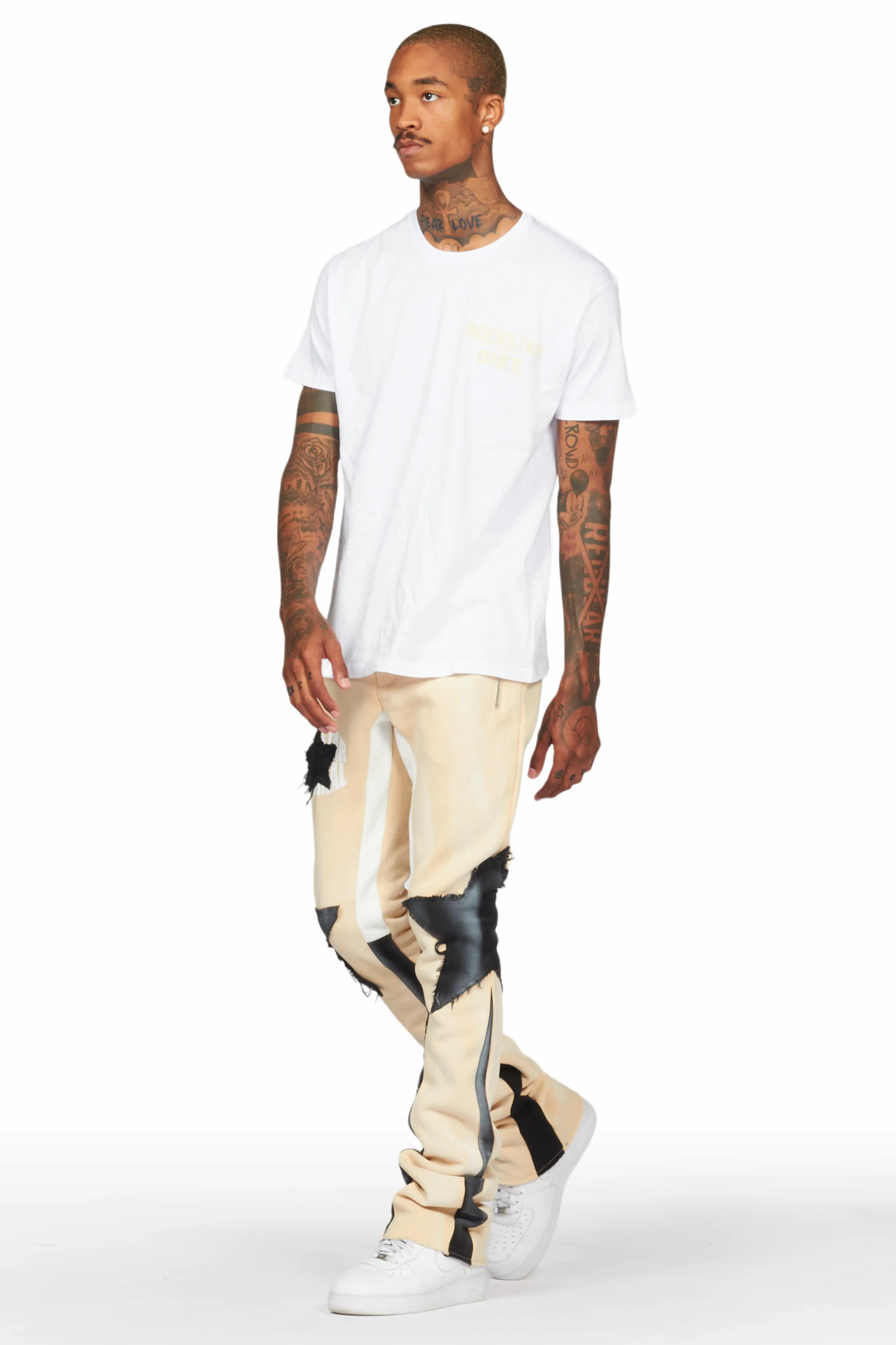 Capron Beige Patchwork Stacked Flare Pants