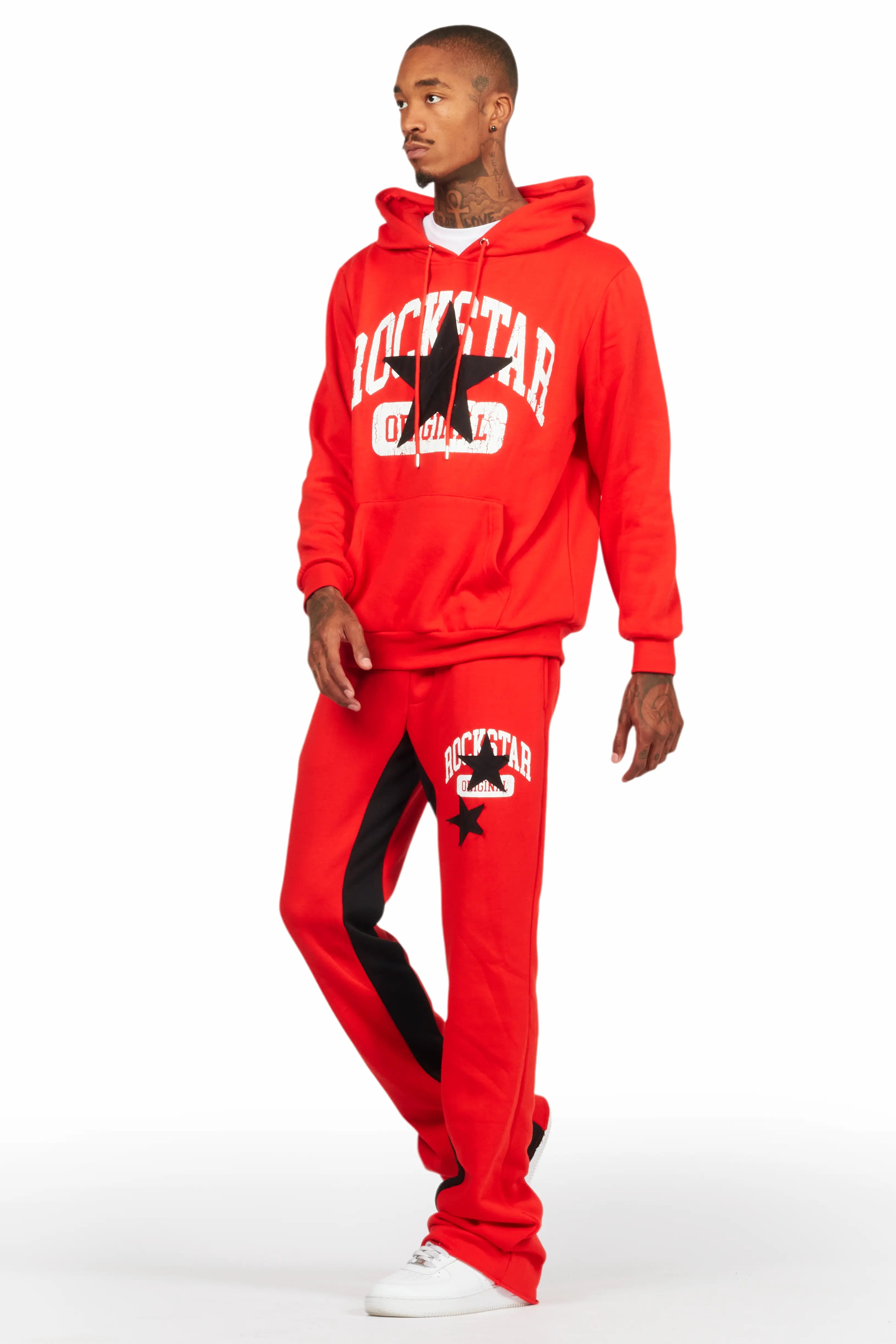 Mallor Red Baggy Stacked Hoodie Track Set