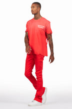Drako Red/White Oversized Graphic T-Shirt/Dag Stacked Flare Jean Set
