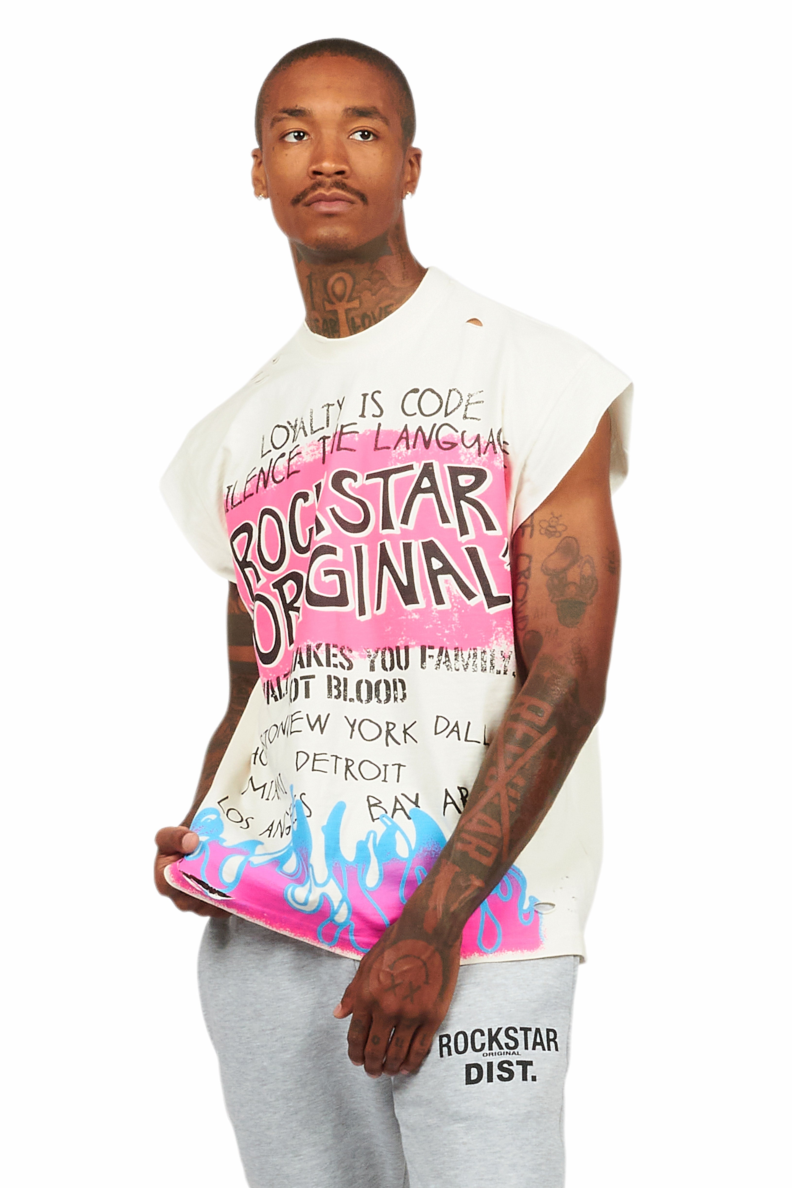 Beno Beige Graphic Muscle T-Shirt