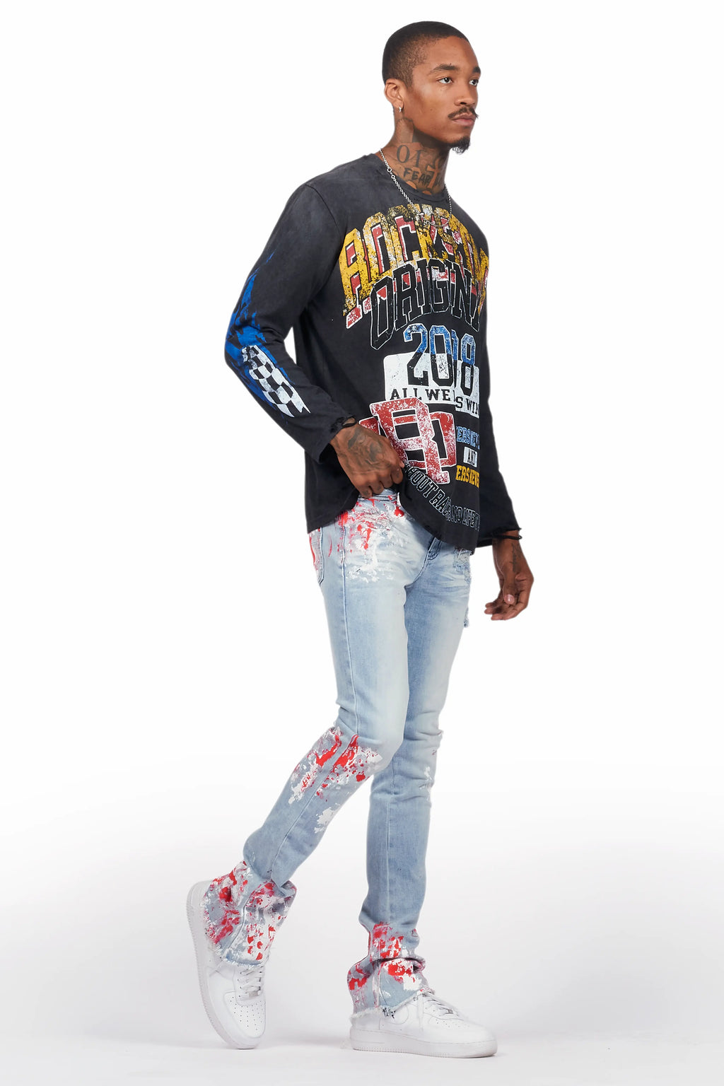 Kodak Blue/Red Painter Stacked Flare Jean