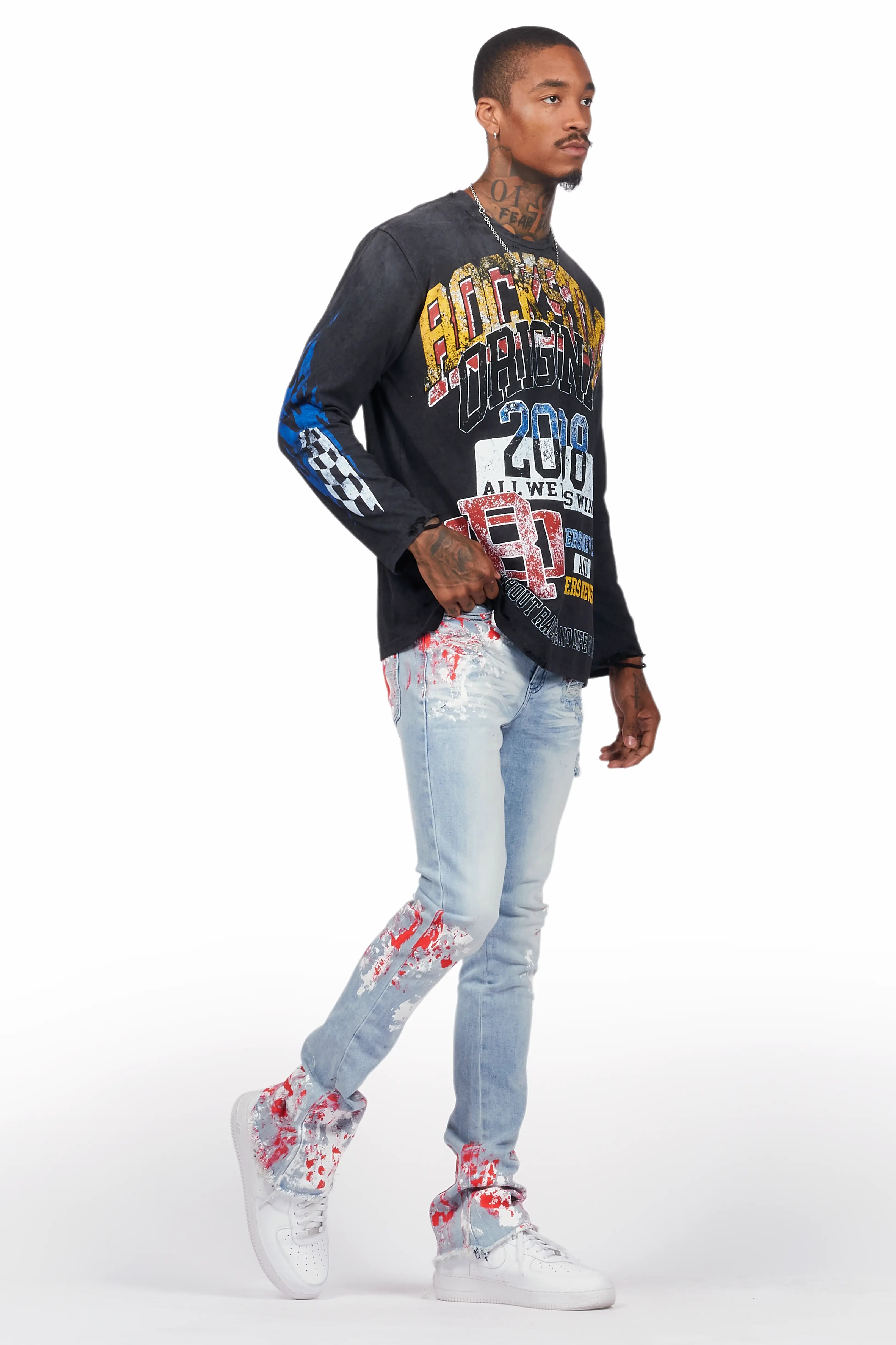 Kodak Blue/Red Painter Stacked Flare Jean