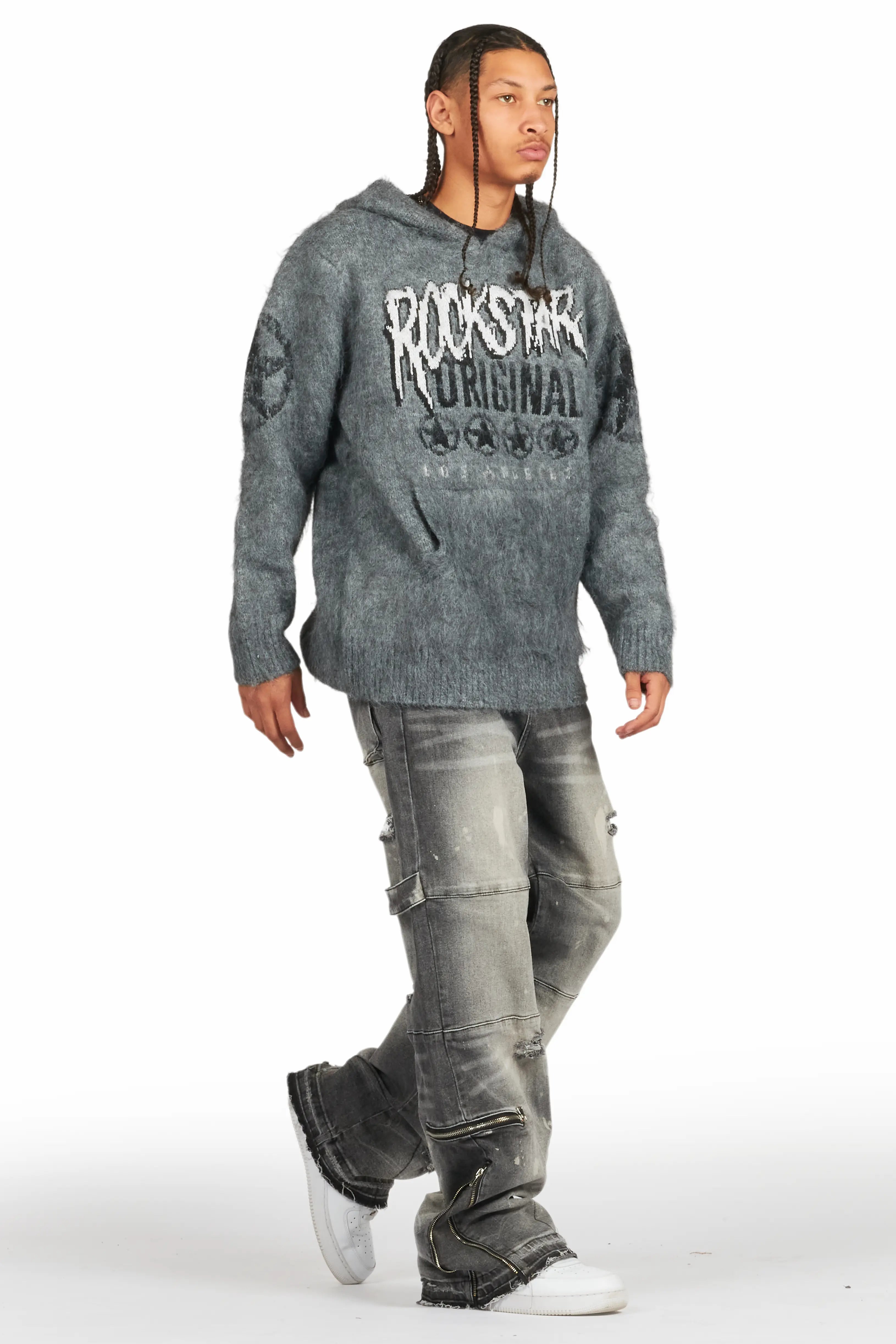 Wizzurd Grey Graphic Knitted Mohair Hoodie