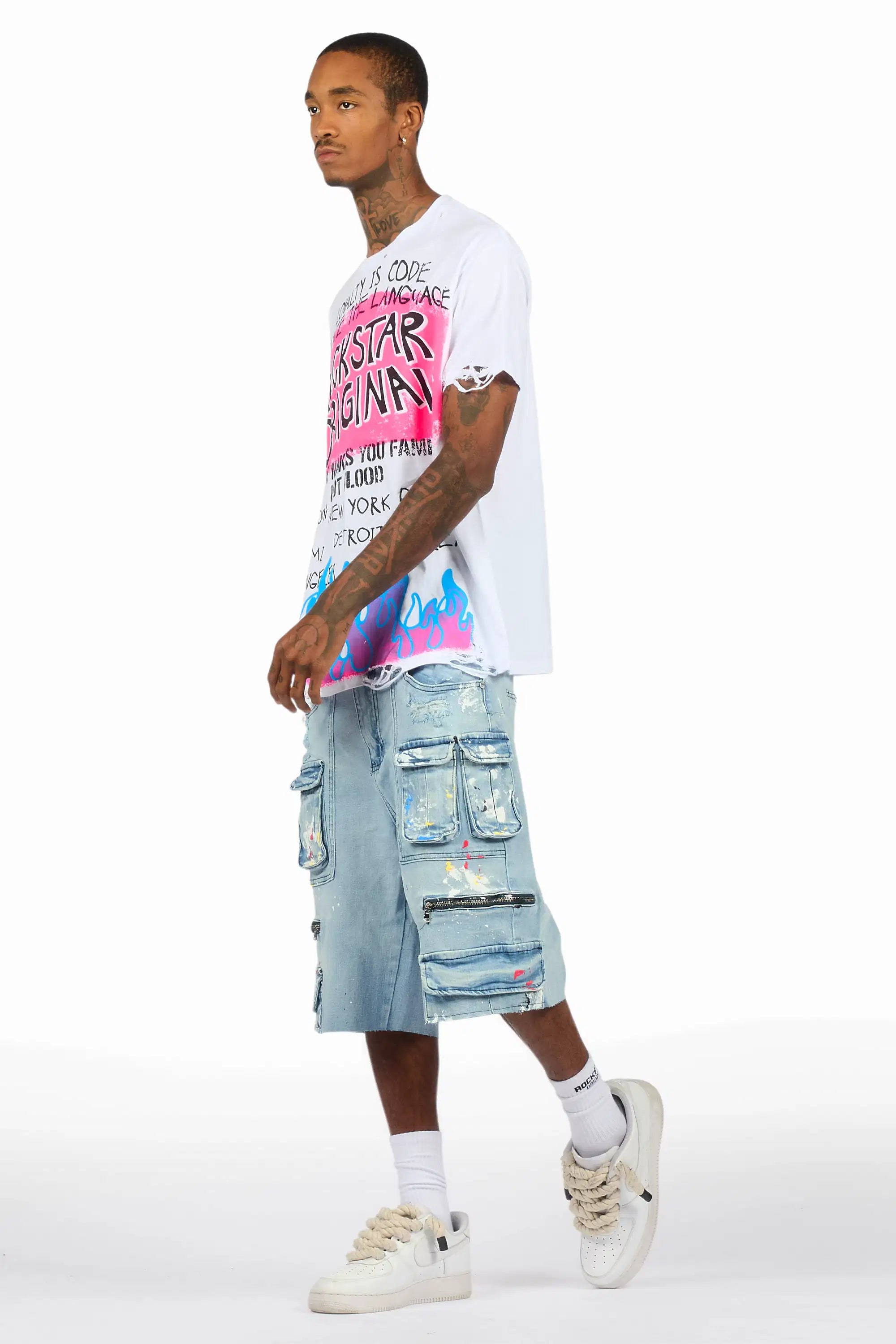 Beno White/Blue T-Shirt/Denim Short Set