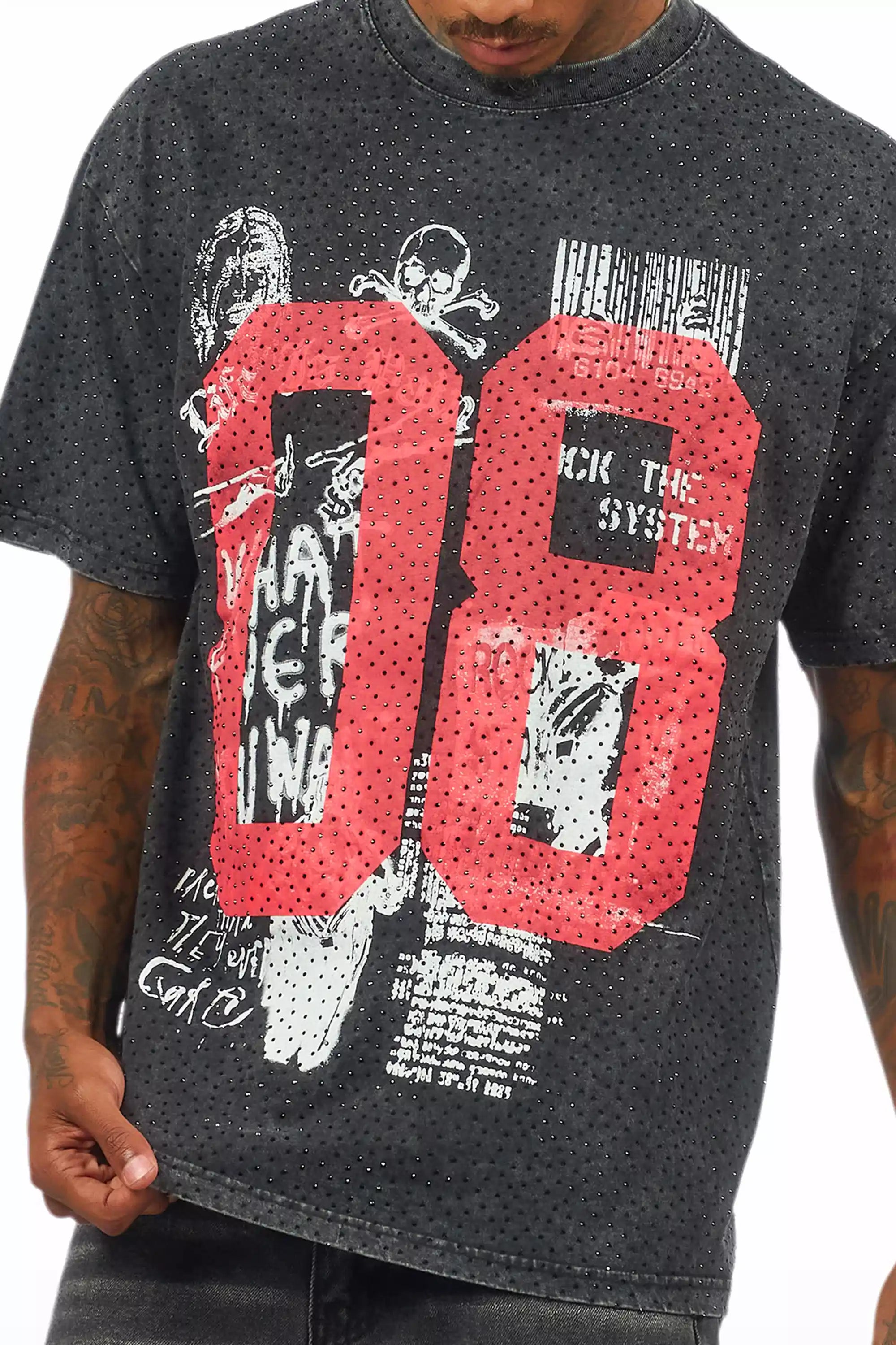 Grill Black/Red Graphic Rhinestone T-Shirt