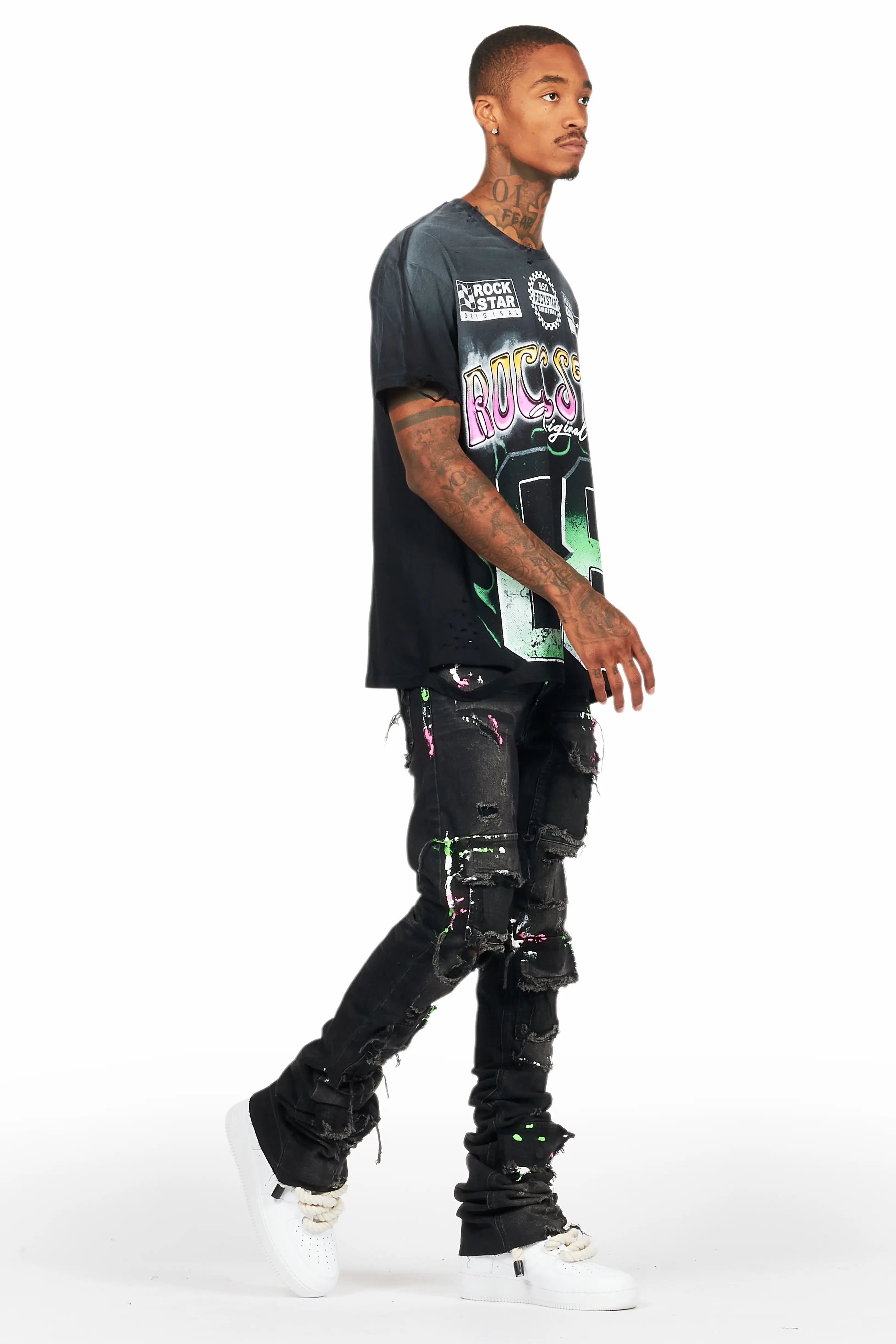 Quito Black Oversized T-Shirt/Super Stacked Flare Jean Bundle