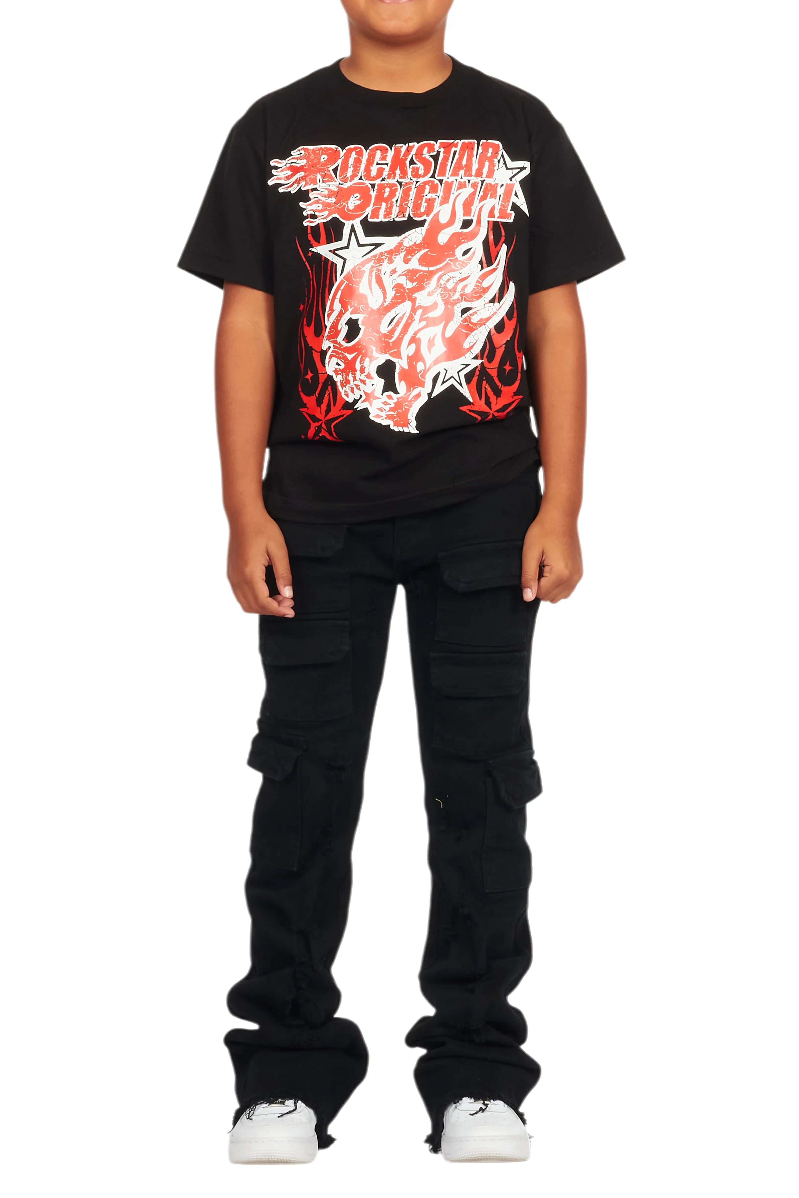 Boys Kade Jet Black Stacked Flare Jean