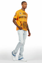 Amos Orange T-Shirt/Dag Blue Stacked Flare Jean Set