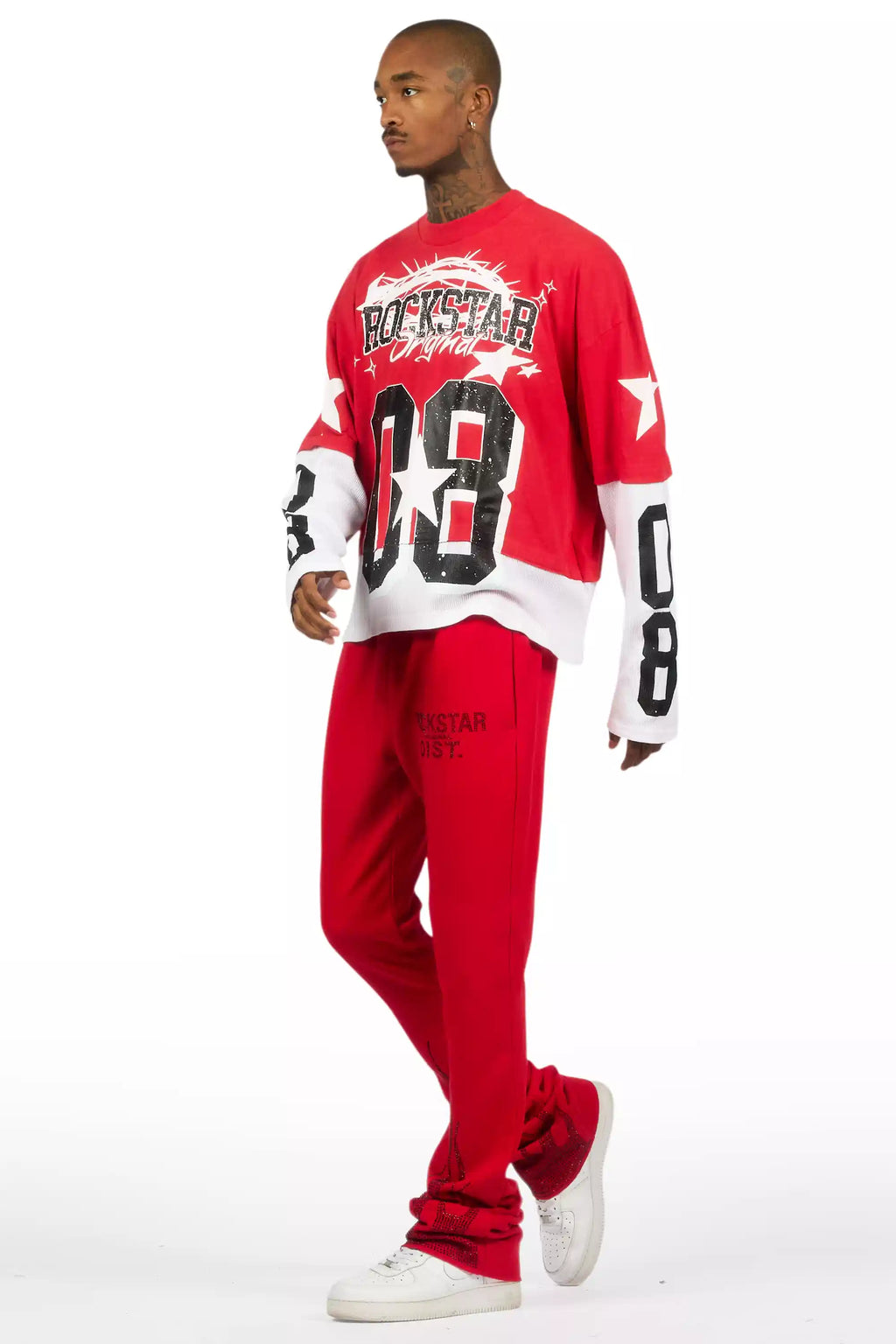 Pyrel Red/Black Rhinestone Stacked Flare Pant